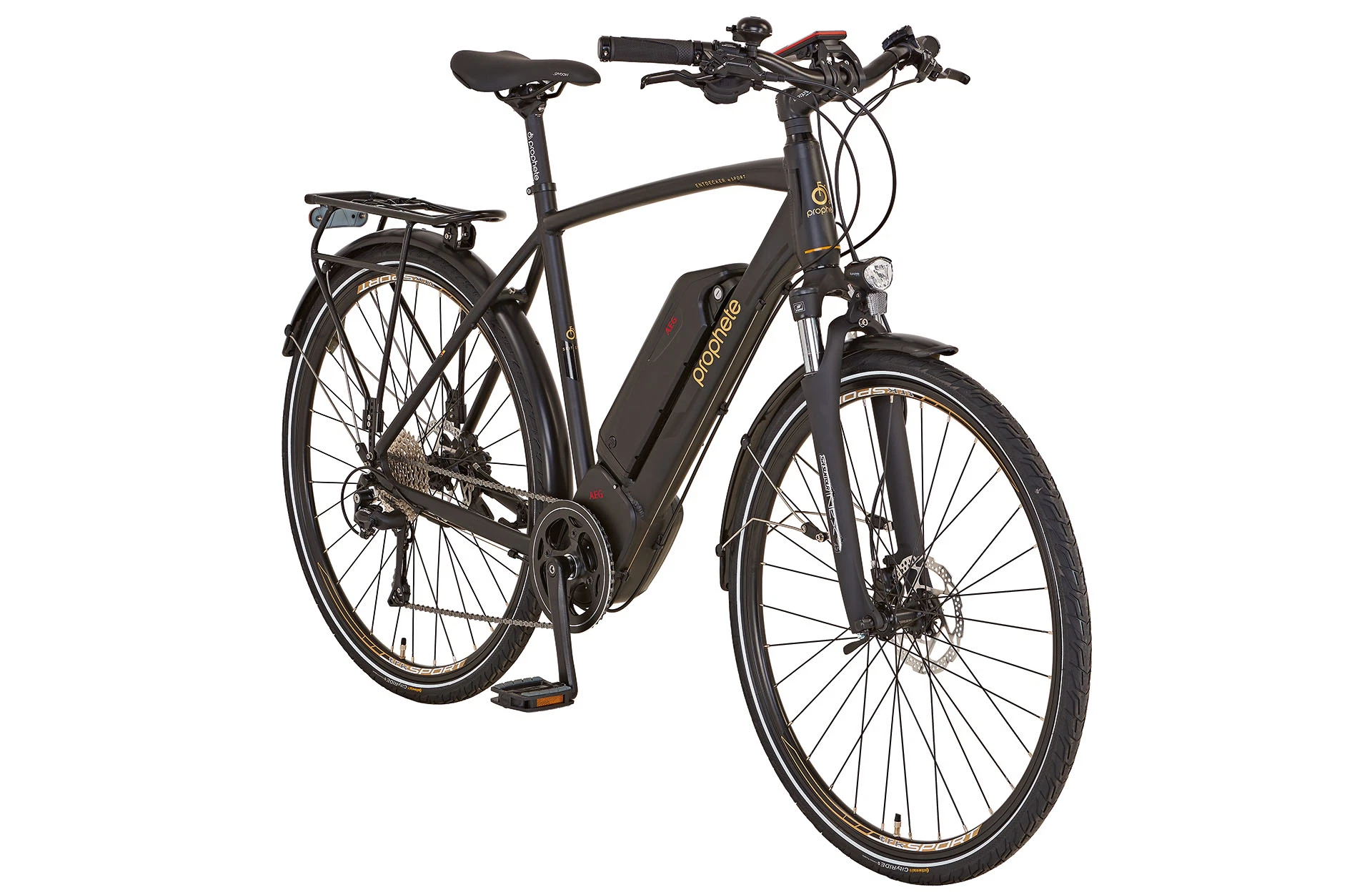 Vollansicht diagonal Prophete Entdecker eSport Trekking E-Bike mit Diamantrahmen vor weißem Hintergrund