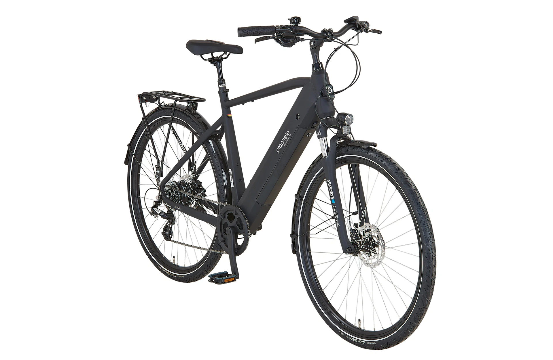 Vollansicht diagonal Prophete Entdecker 2.3 Trekking E-Bike vor weißem Hintergrund