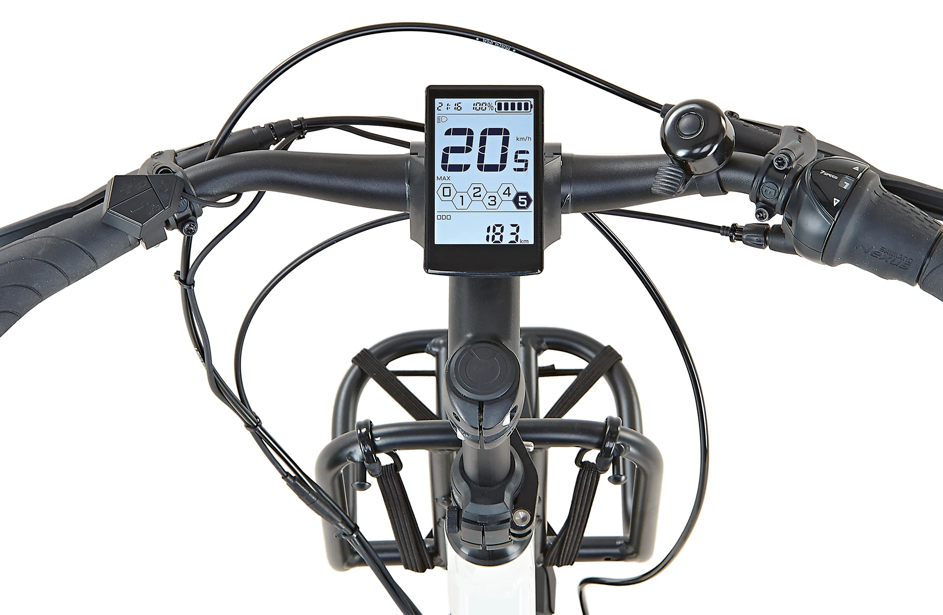 Bildausschnitt Lenker mit LCD Display, Frontträger, ergonomischen Griffen, Klingel, Bremsgriffen und Bedieneinheit vor weißem Hintergrund