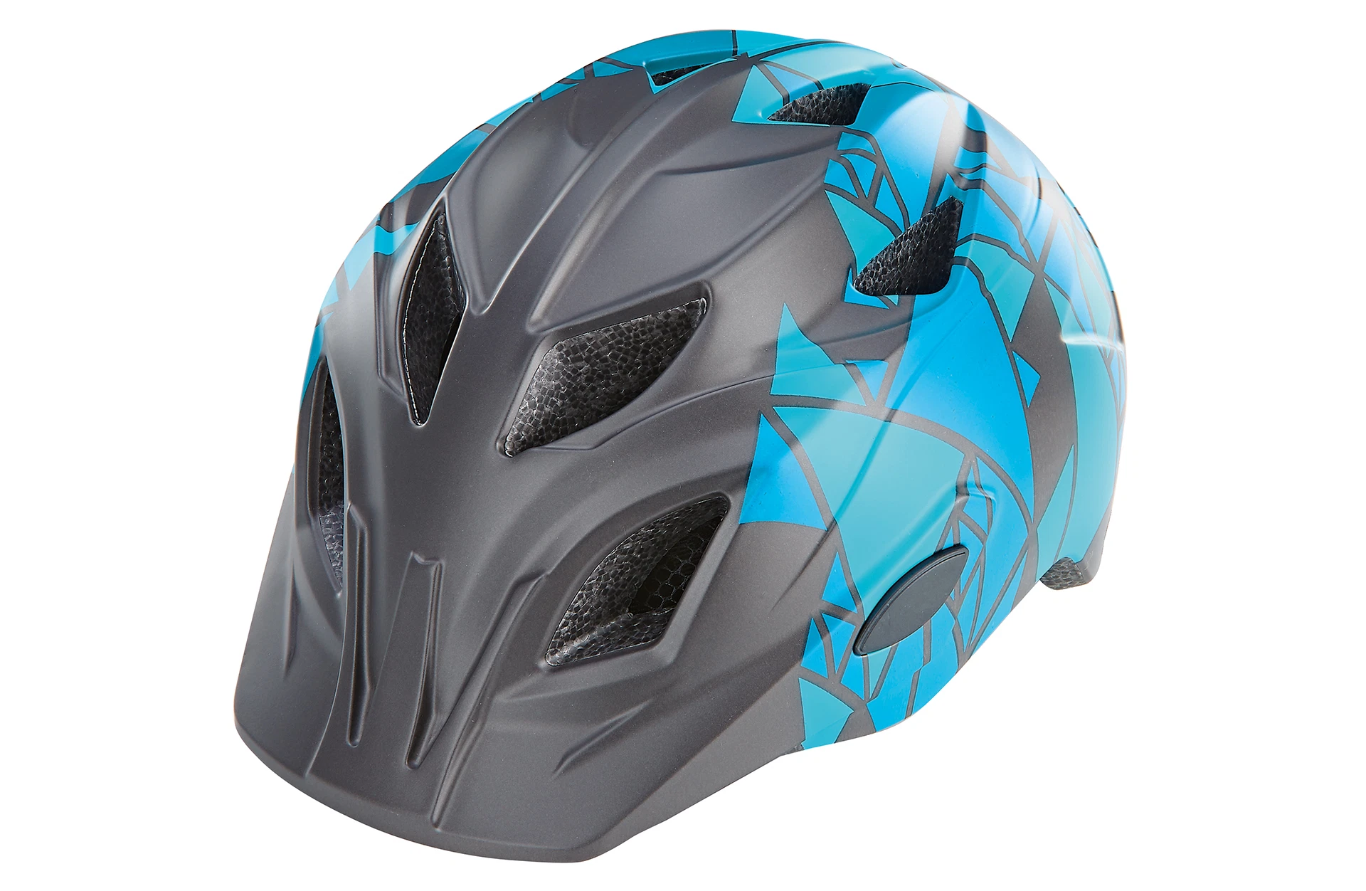 Fahrradhelm Kinder schwarz/blau - diagonale Ansicht auf weißem Grund