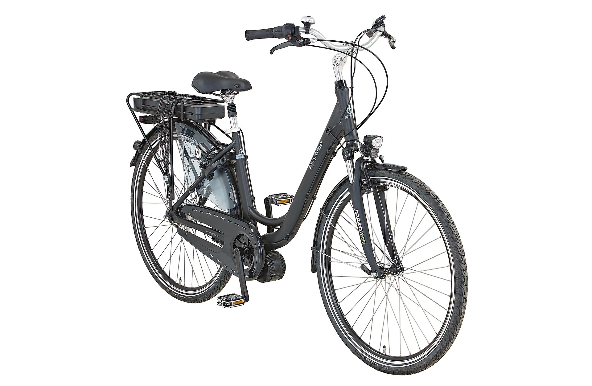 Vollansicht diagonal Prophete Geniesser City E-Bike mit tiefem Einstieg vor weißem Hintergrund