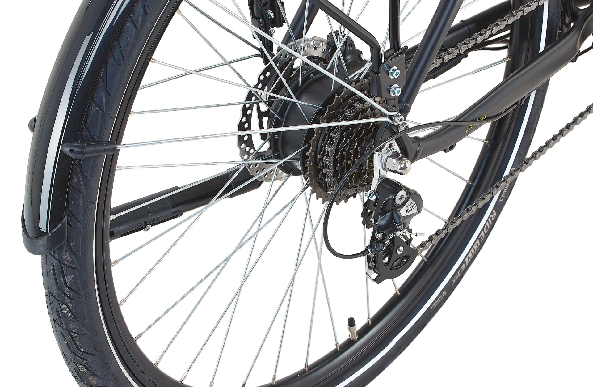 Entdecker 2.0 schwarz Trekking E-Bike Trapezrahmen - Detailansicht Motor auf weißem Grund