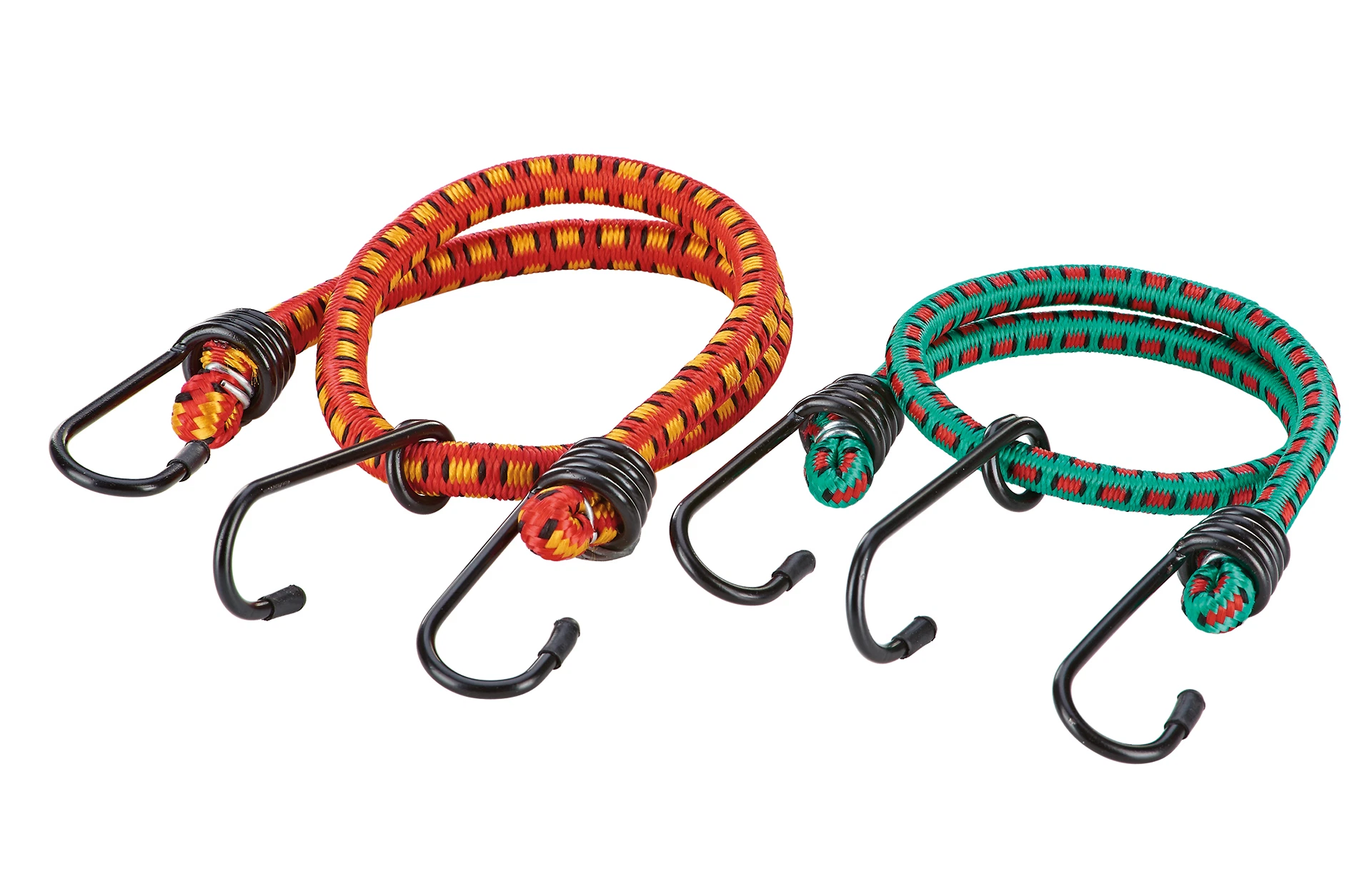 Aufgerollte Gepäckträgergurte mit drei Haken in unterschiedlichen Farben