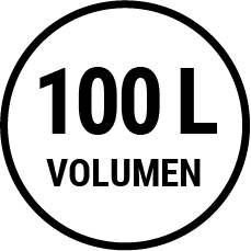 Icon Volumen 100L in schwarzem Kreis auf weißem Grund