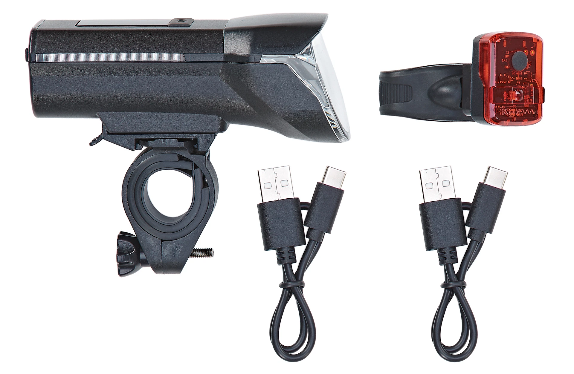 Beleuchtungs- Set Scheinwerfer und Rücklicht mit Ladekabeln - Ansicht von oben auf weißem Grund