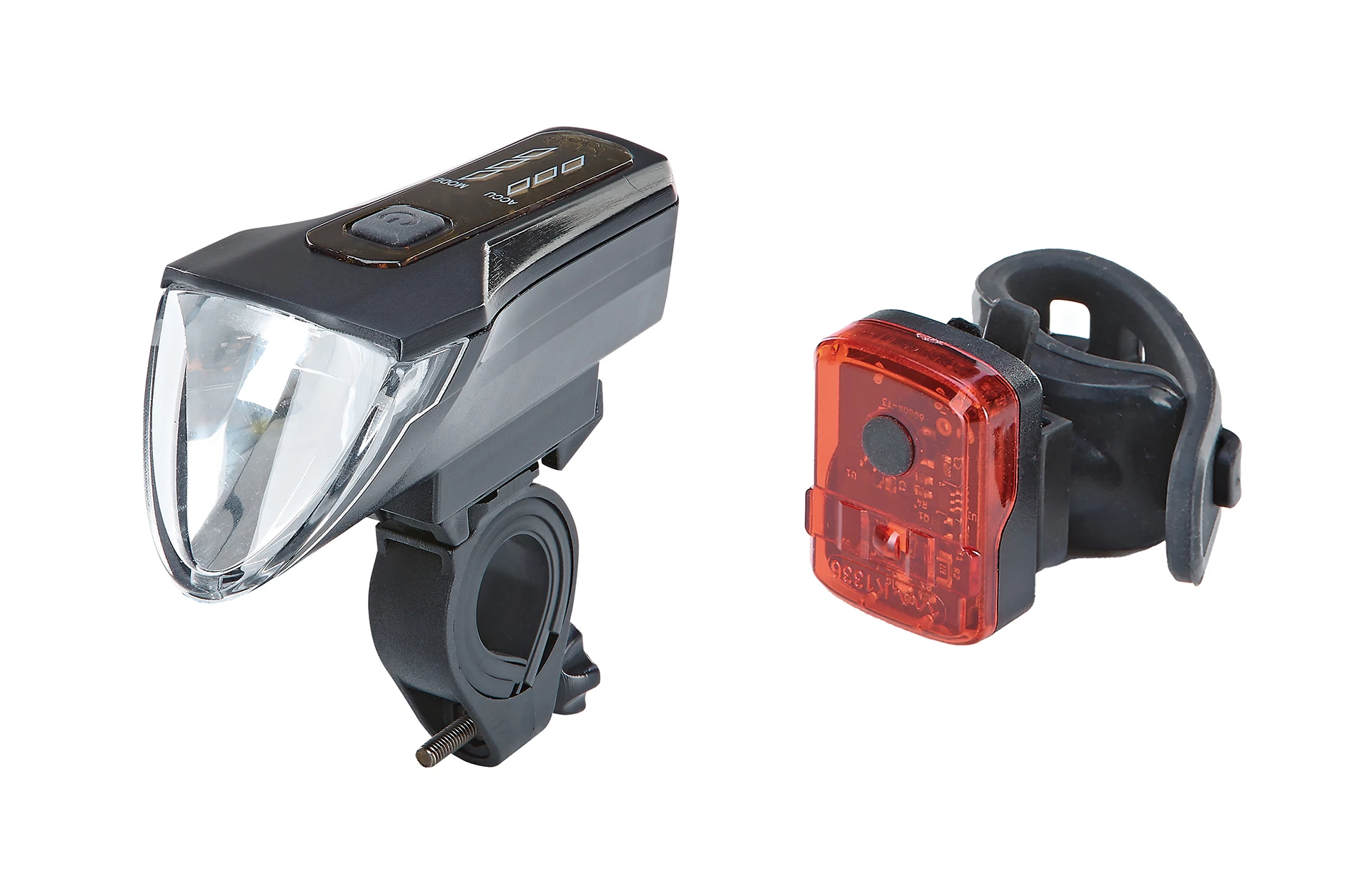 Beleuchtungs- Set mit Scheinwerfer und Rücklicht - diagonale Ansicht auf weißem Grund