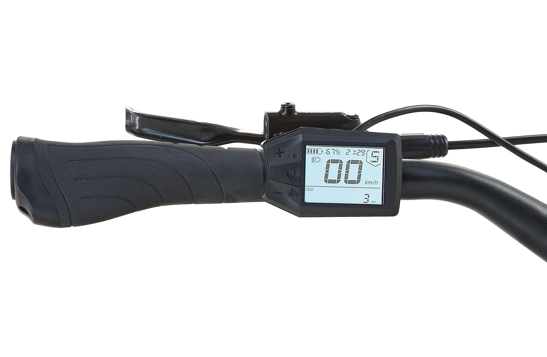 Bildausschnitt linker Lenkergriff mit Ergogriff, Bremshebel, LCD-Display und Bedieneinheit vor weißem Hintergrund