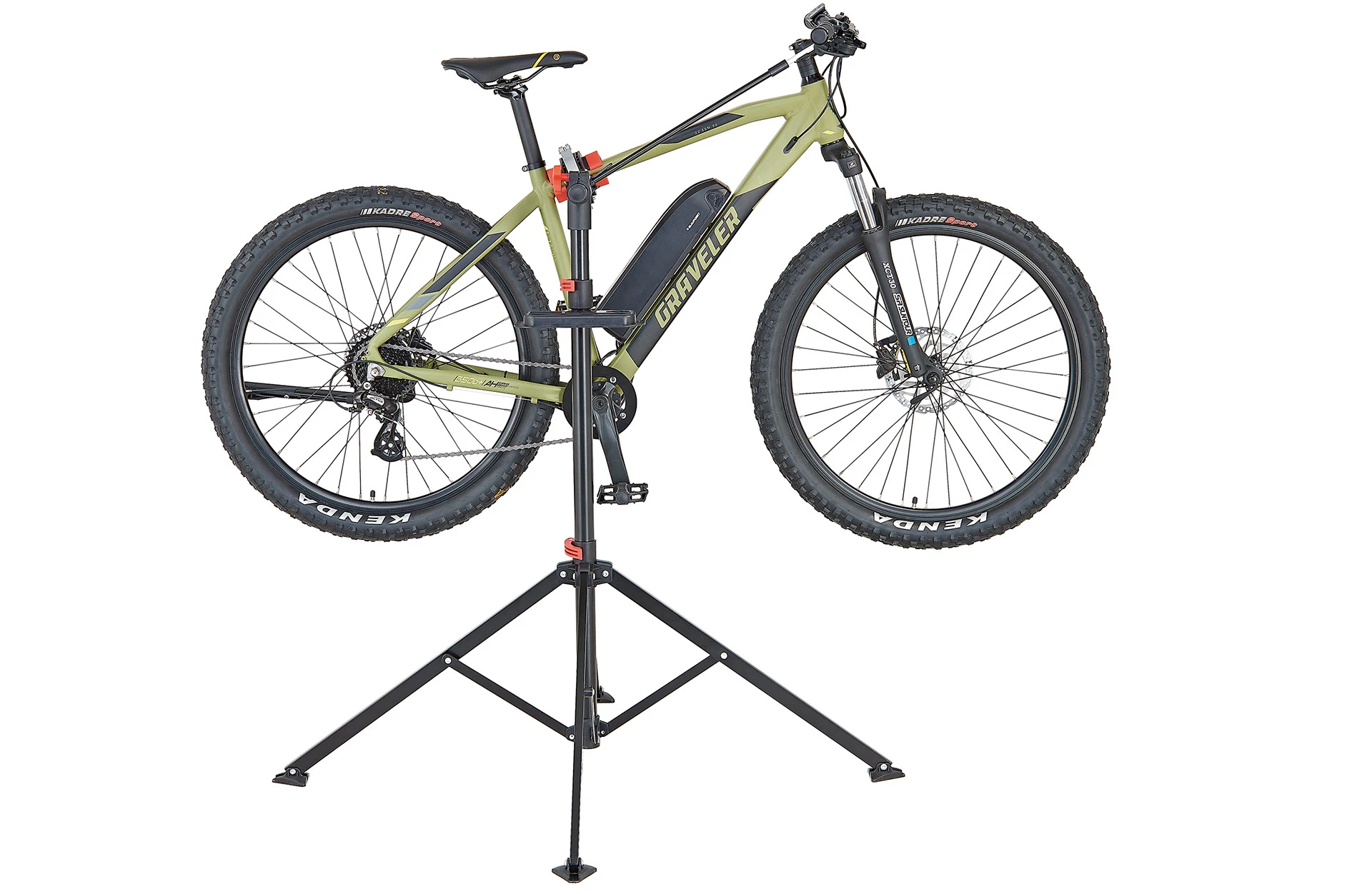 Montageständer schwarz/rot mit Mountainbike - Ansicht von vorne auf weißem Grund