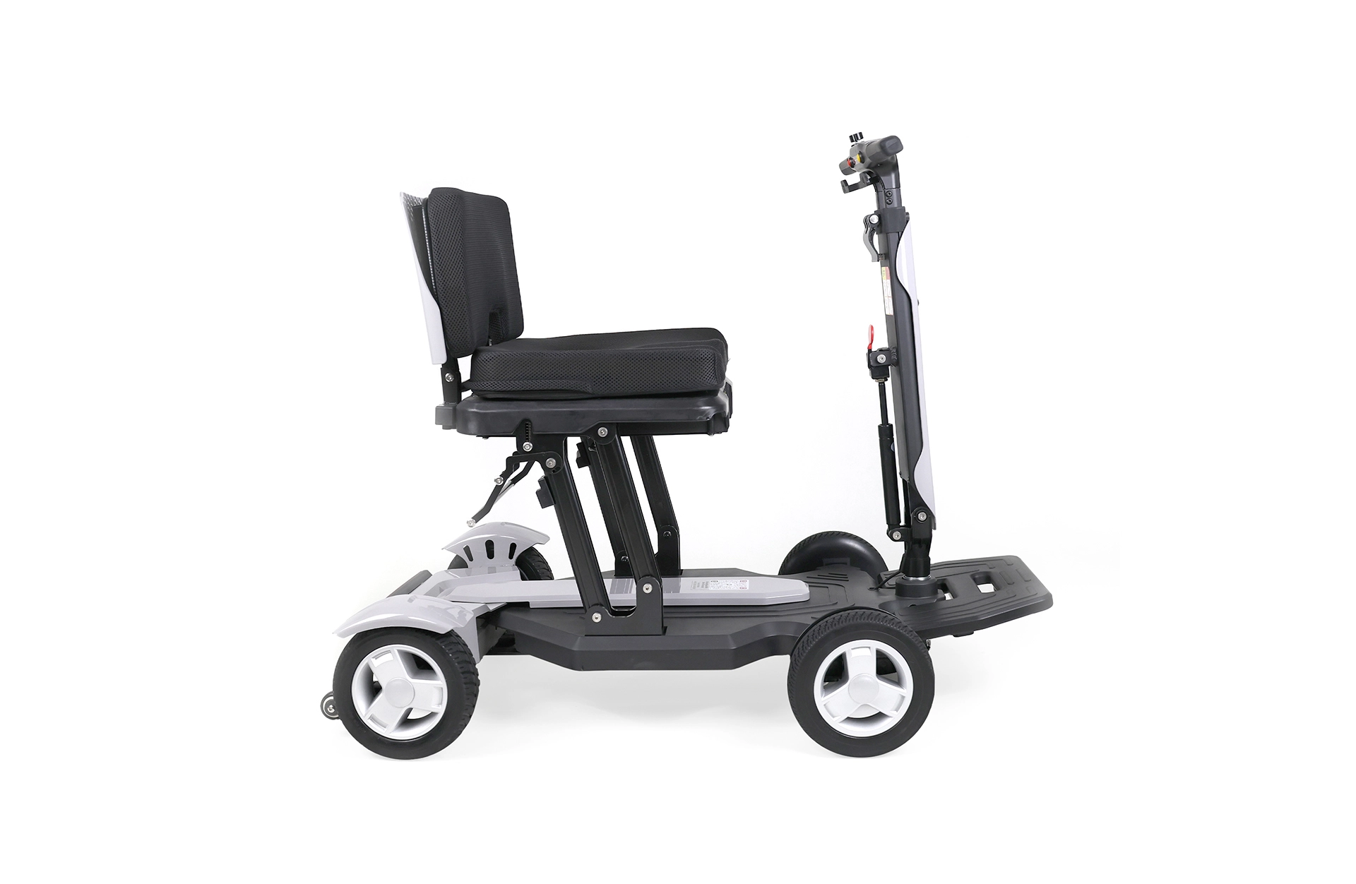 seitenansicht eines grauen elektro-scooters mit sitz und klappbarem lenker