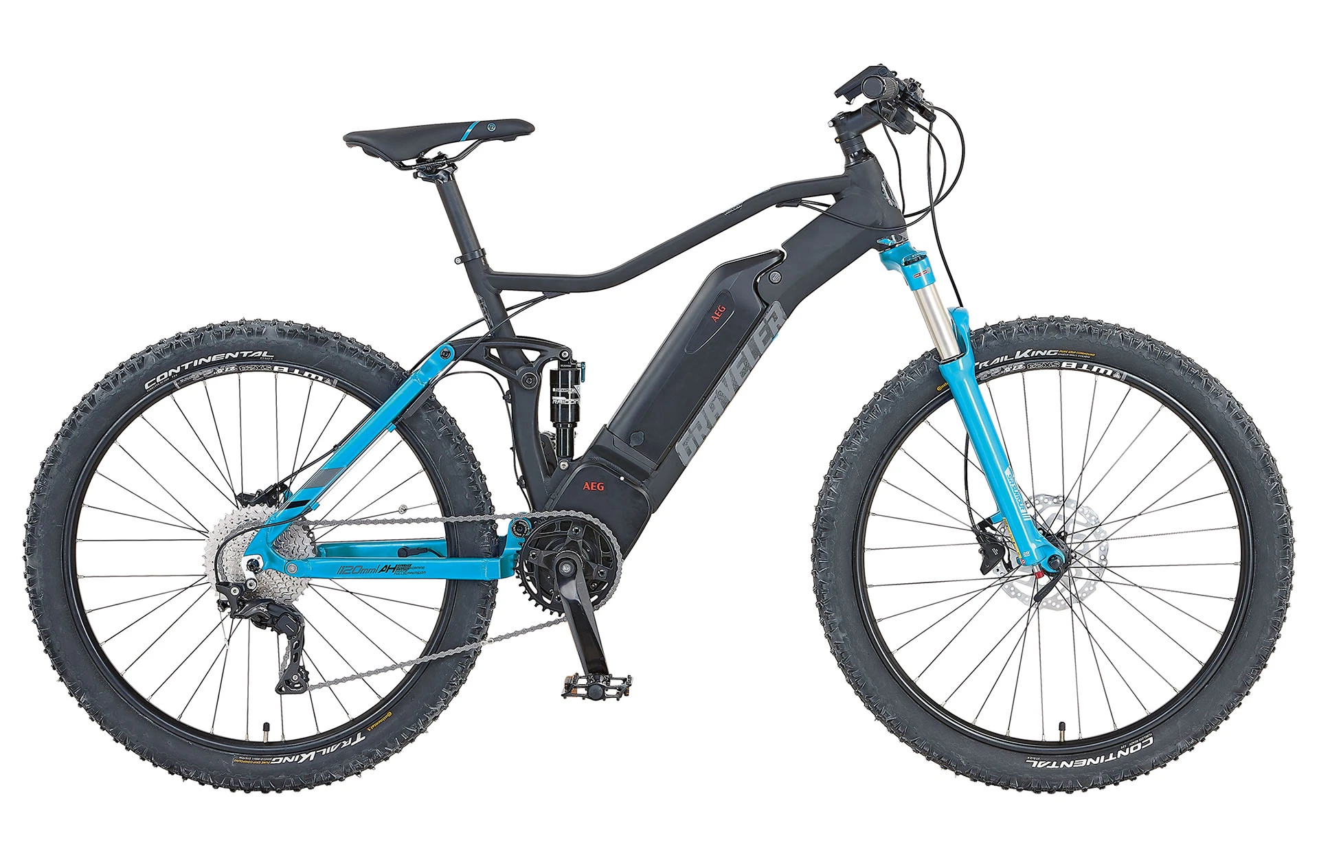 Vollansicht seitlich Prophete Graveler E-MTB Fully mit semiintegriertem Akku am Unterrohr vor weißem Hintergrund