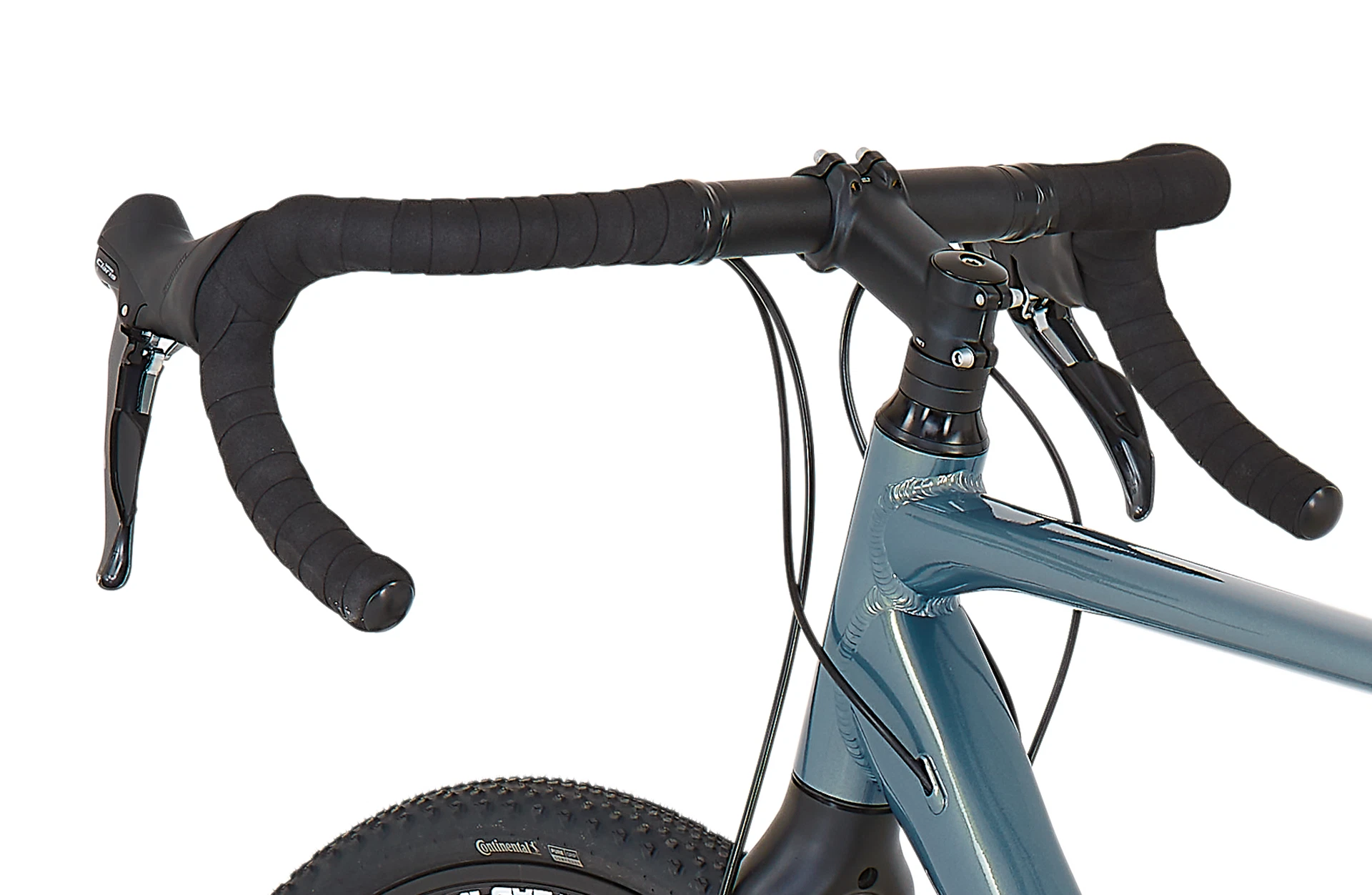 Bildausschnitt Detailansicht Dropbar Lenker mit Lenkerband und Bremshebeln von hinten links vor weißem Hintergrund