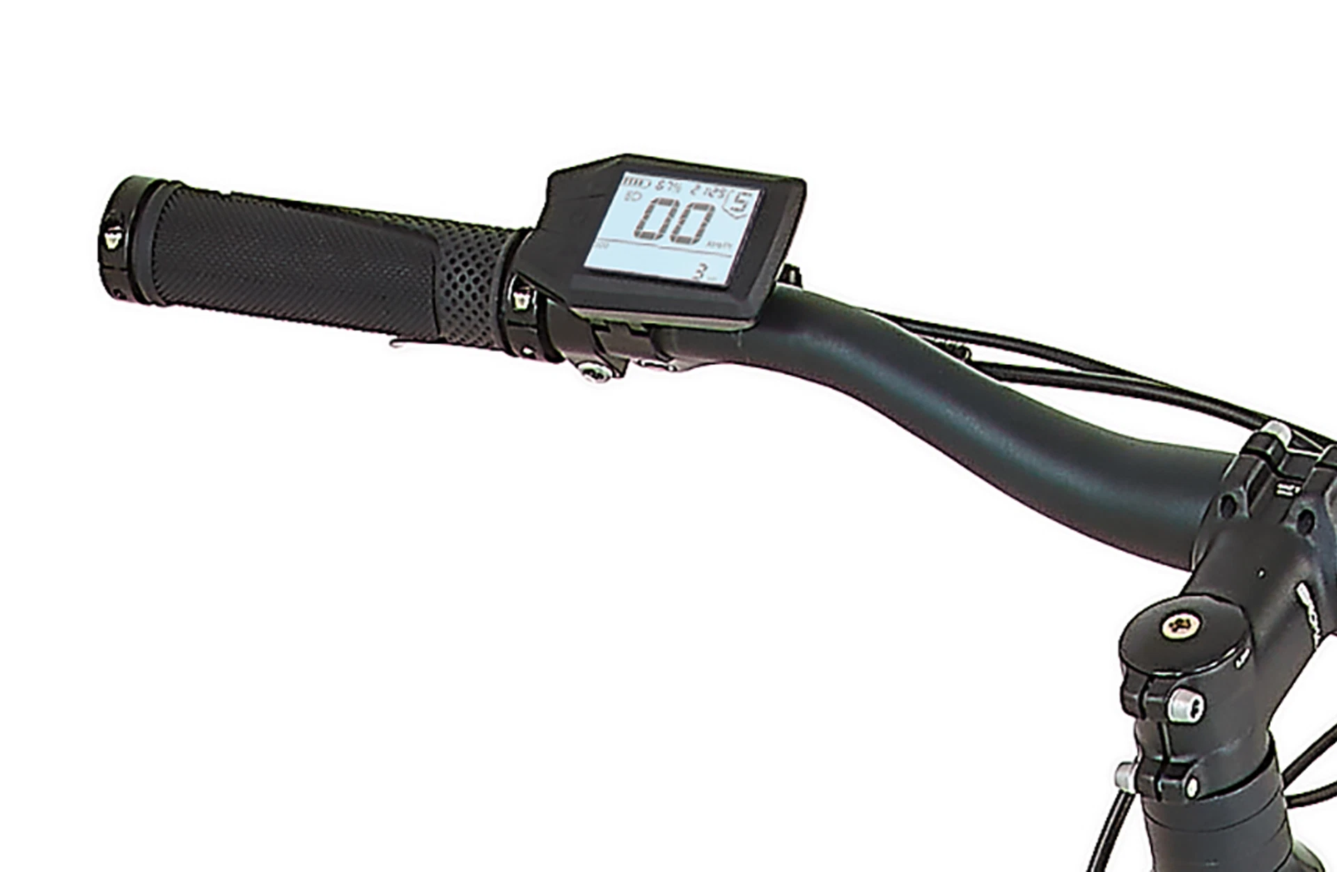 Bildausschnitt Detailansicht LCD-Display am Lenker (angeschaltet) vor weißem Hintergrund