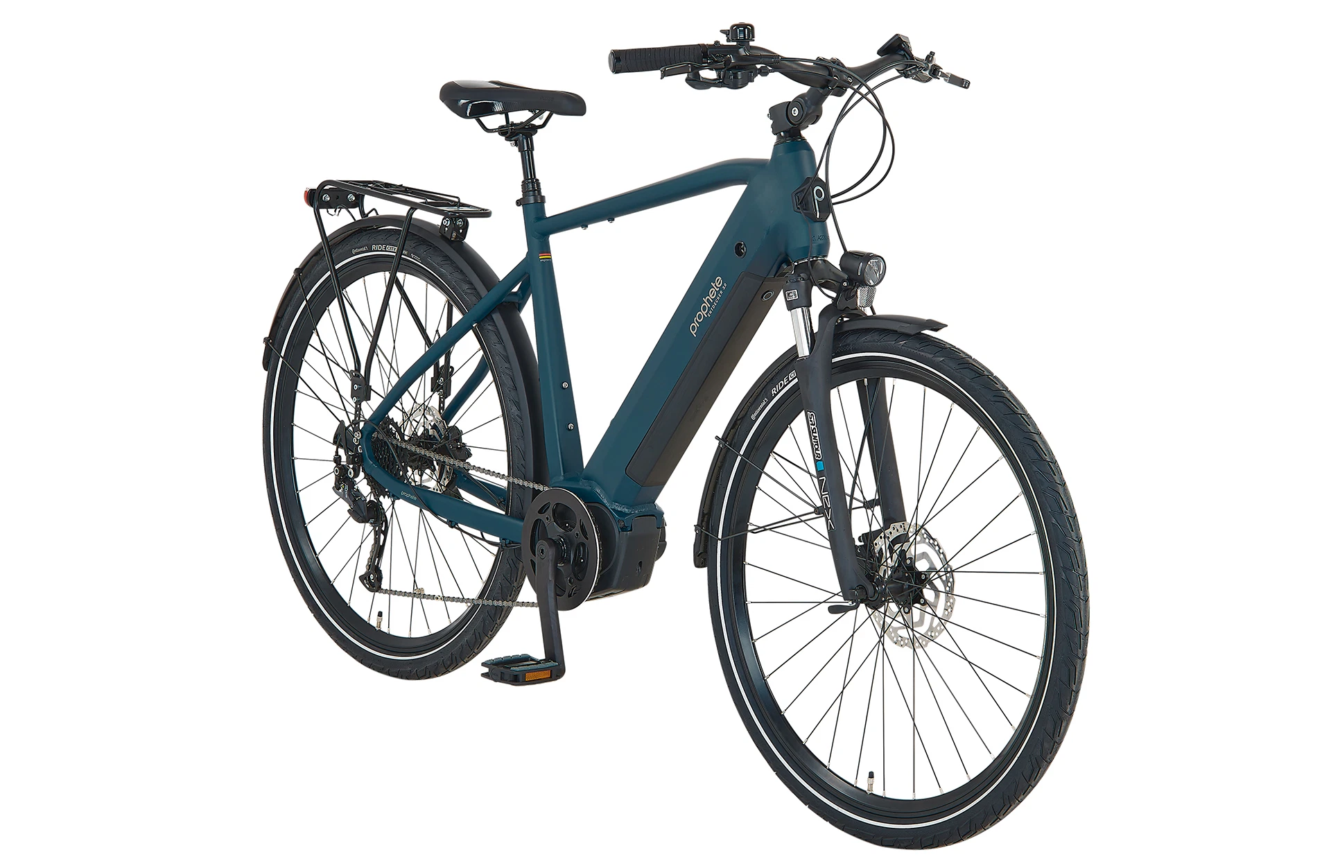 Vollansicht diagonal Prophete Entdecker 3.0 Trekking E-Bike mit vollintegriertem Akku im Diamantrahmen vor weißem Hintergrund