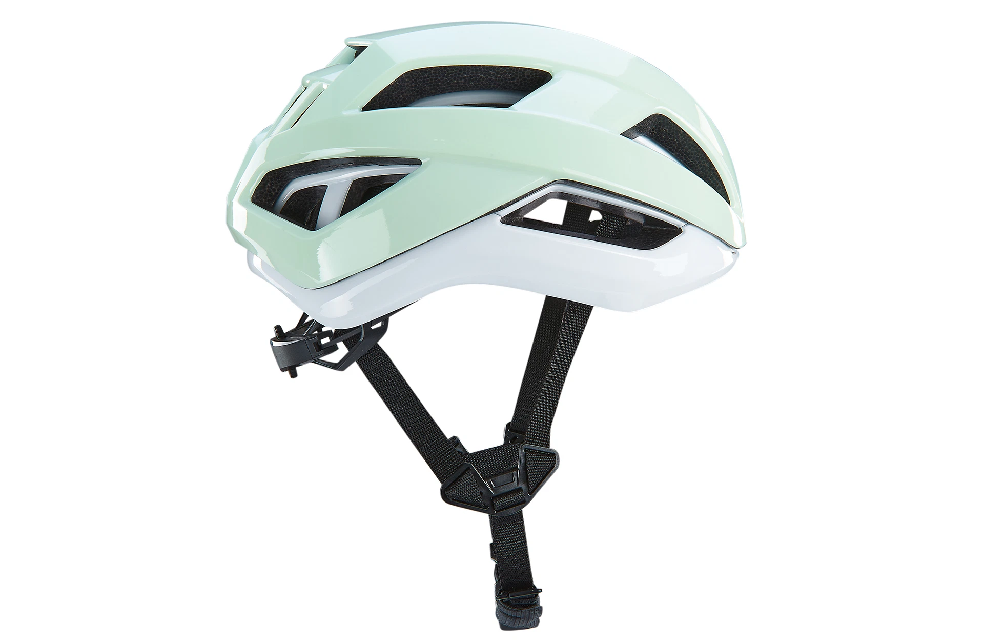 Seitliche Ansicht ProShield Fahrradhelm mit Kinnriemen vor weißem Hintergrund