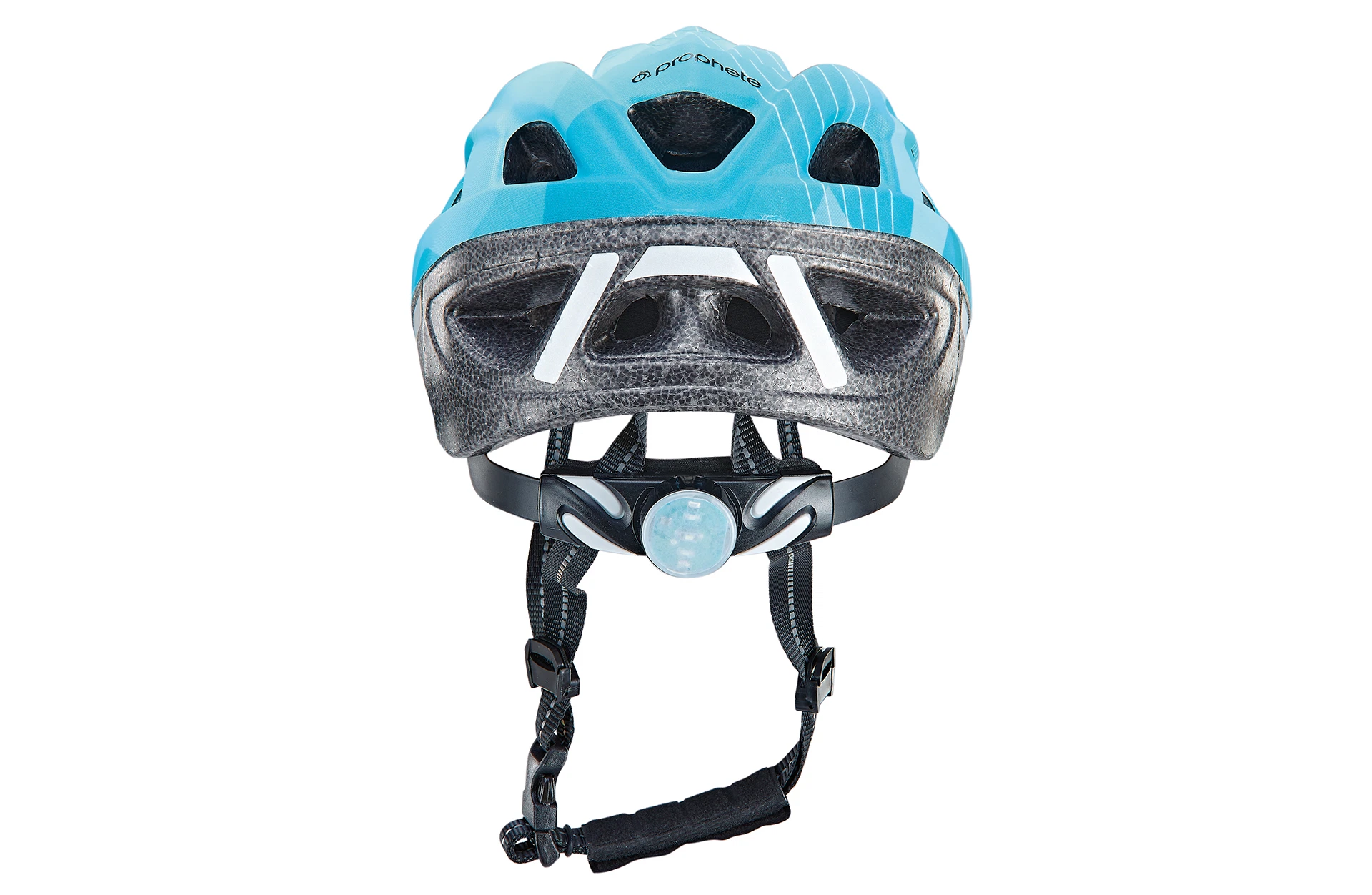 Fahrradhelm blau für Kinder - Ansicht von hinten auf weißem Grund