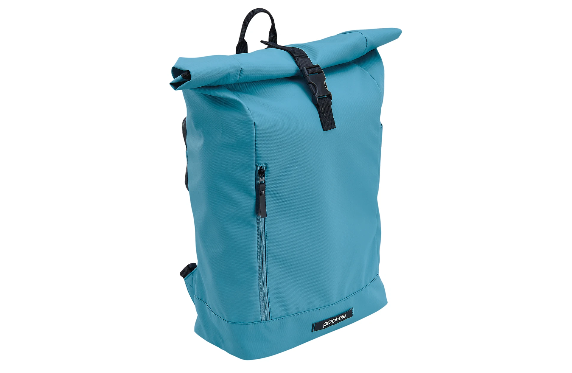 Vollansicht diagonal Prophete 2-in-1 Seitenpacktasche mit Rucksackfunktion in petrolblau vor weißem Hintergrund
