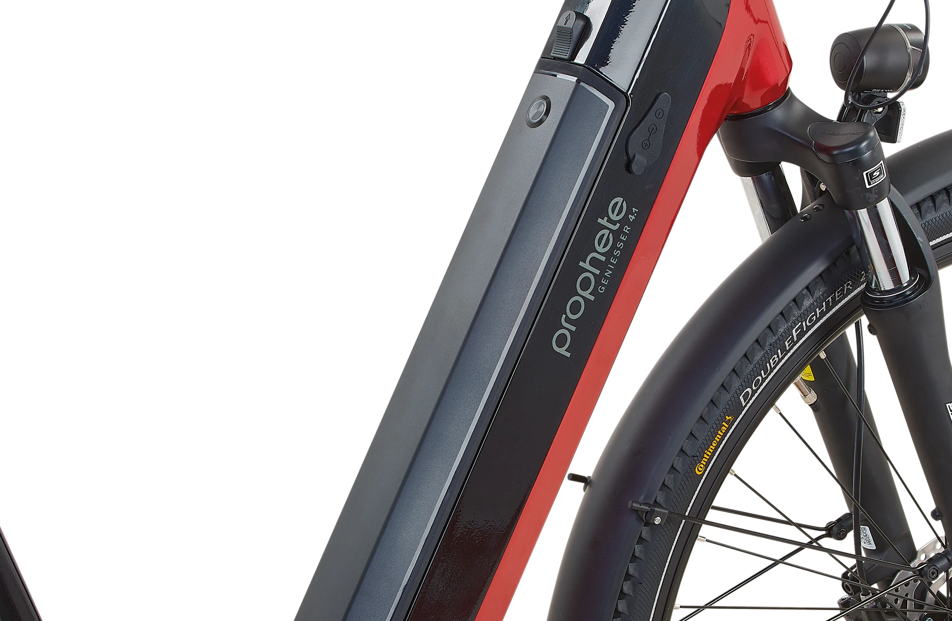Bildausschnitt Detailansicht Akku vollständig im Rahmen integriert mit Geniesser 4.1 Logo vor weißem Hintergrund