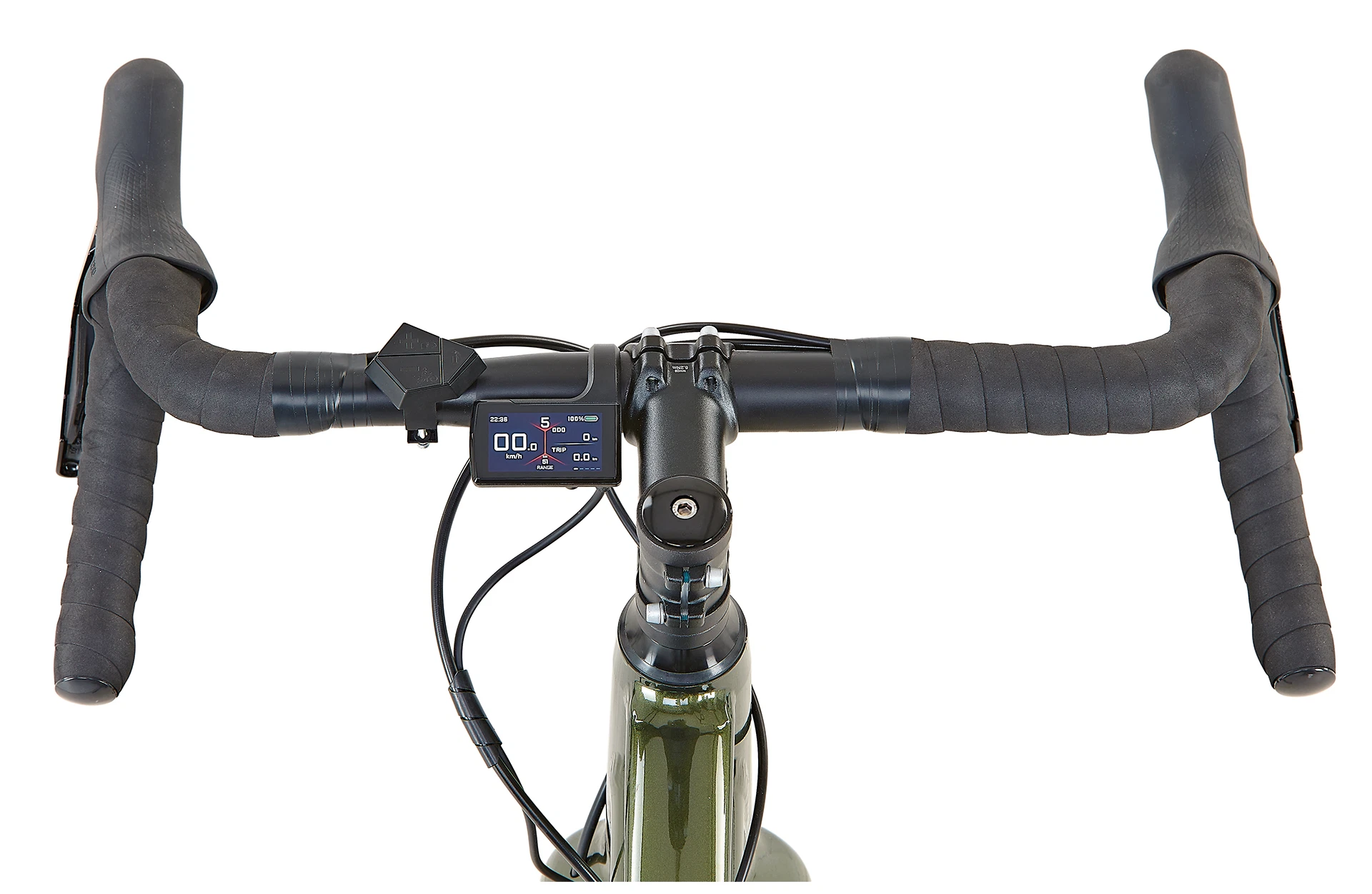 Bildausschnitt Lenkeransicht aus Fahrposition mit vollfarbigem TFT-Display und Bedieneinheit, sowie Lenkerband und Griffhörnchen mit Bremshebeln vor weißem Hintergrund