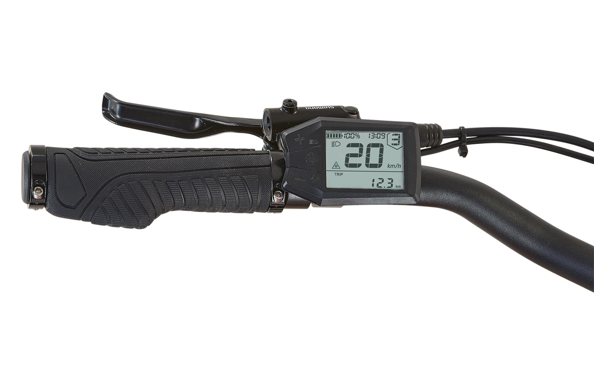 Bildausschnitt Detailansicht Lenker mit angeschaltetem LCD-Display und Bedieneinheit vor weißem Hintergrund