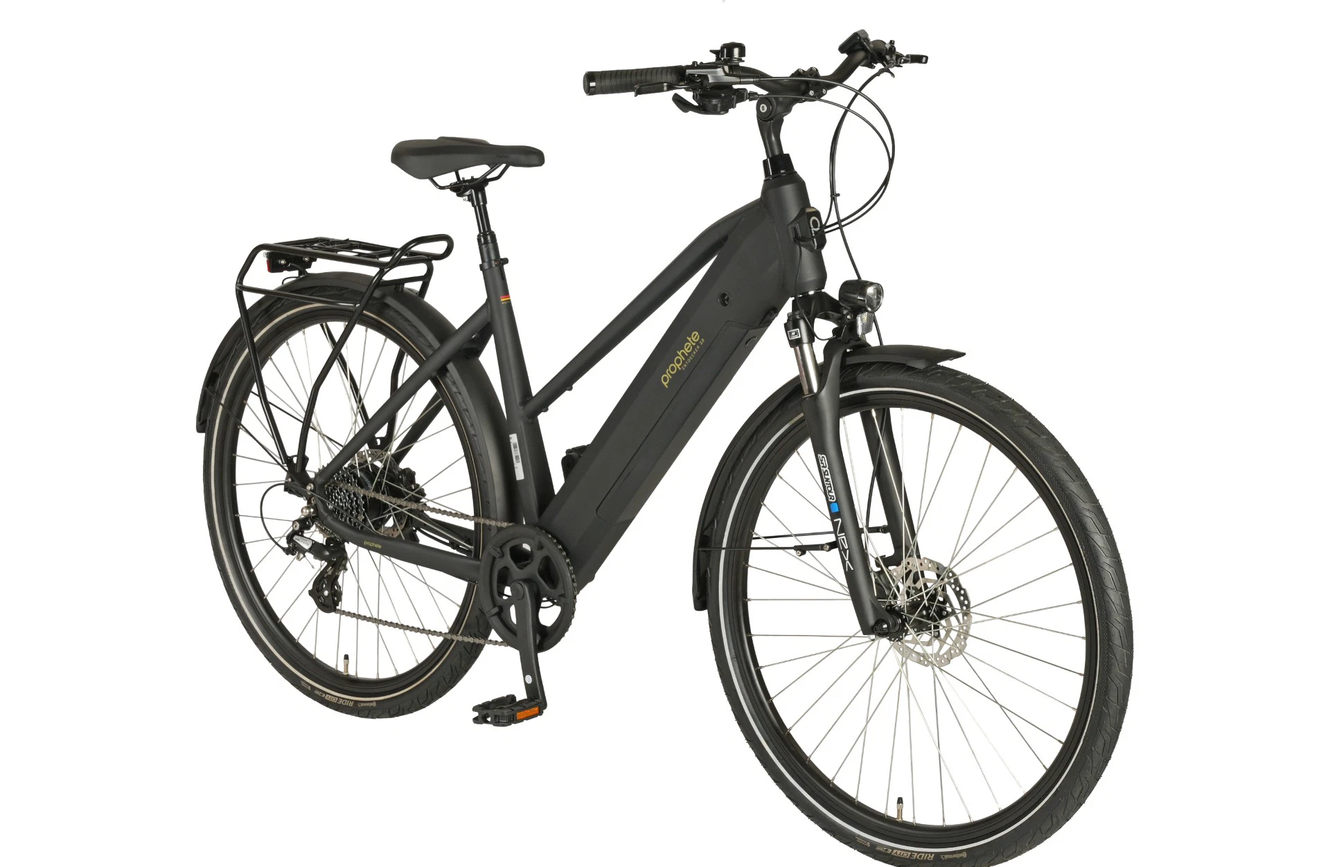 Entdecker 2.0 schwarz Trekking E-Bike Trapezrahmen - diagonale Ansicht auf weißem Grund