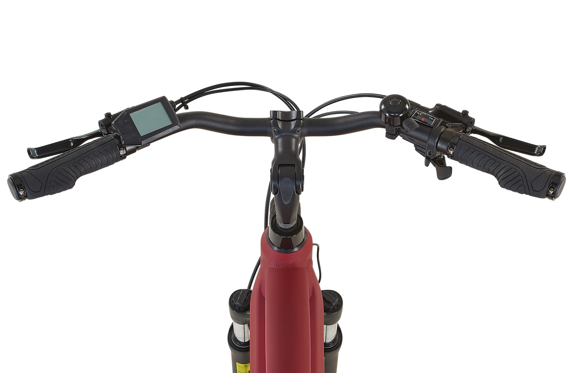 Bildausschnitt Detailansicht Lenker mit Display, Bedieneinheit, Griffen und Bremshebel vor weißem Hintergrund