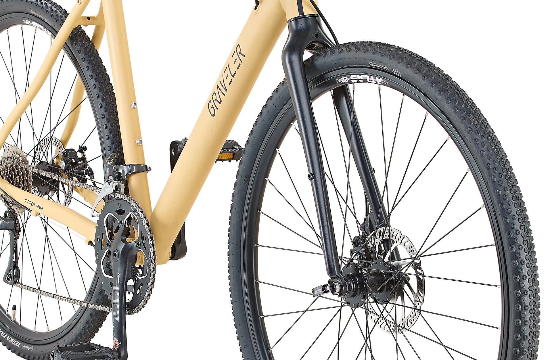 Bildausschnitt starre Gabel am Vorderrad mit Graveler Logo auf dem Rahmen vor weißem Hintergrund