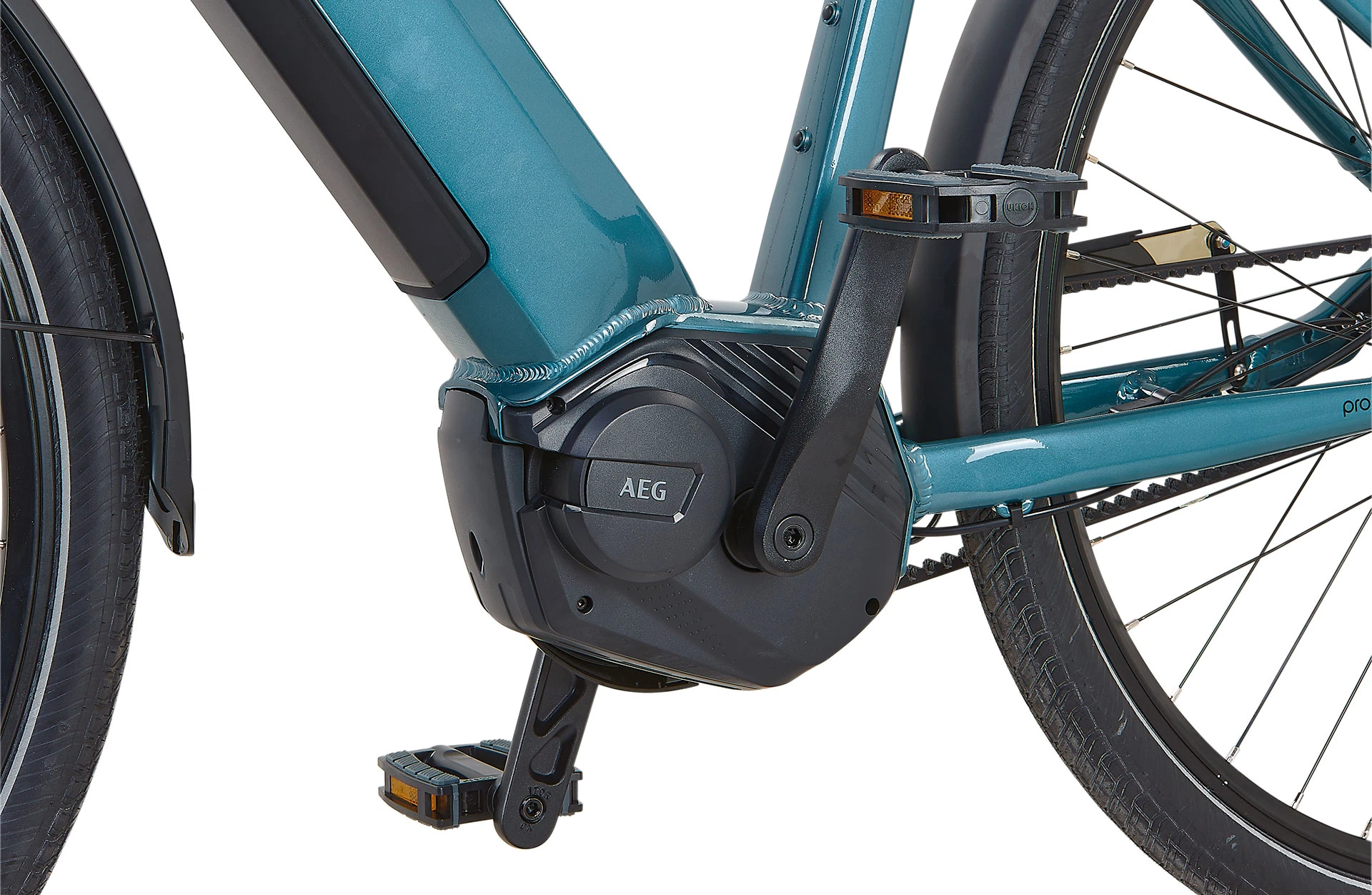 Geniesser 5.0 blau City E-Bike - Detailansicht Motor auf weißem Grund