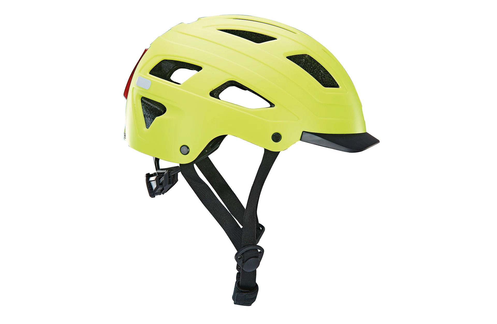 Fahrradhelm gelb - Ansicht von hinten auf weißem Grund