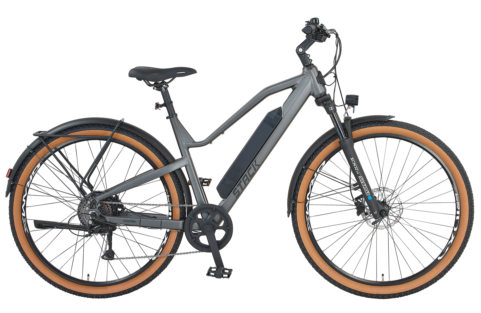 Vollansicht seitlich Prophete Stack mit Heckmotor und Akku am Unterrohr vor weißem Hintergrund