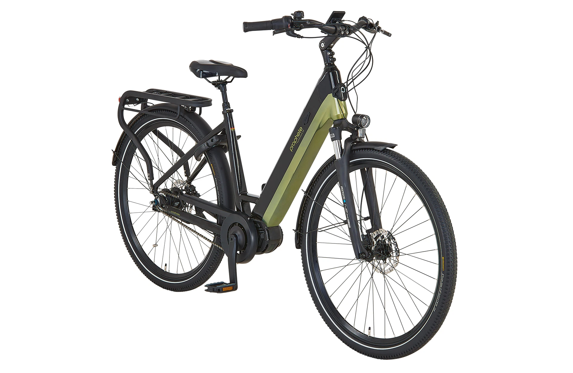 Vollansicht diagonal Prophete Geniesser 5.0 City E-Bike mit tiefem Einstieg, integriertem Akku, Scheibenbremsen und Gepäckträger vor weißem Hintergrund