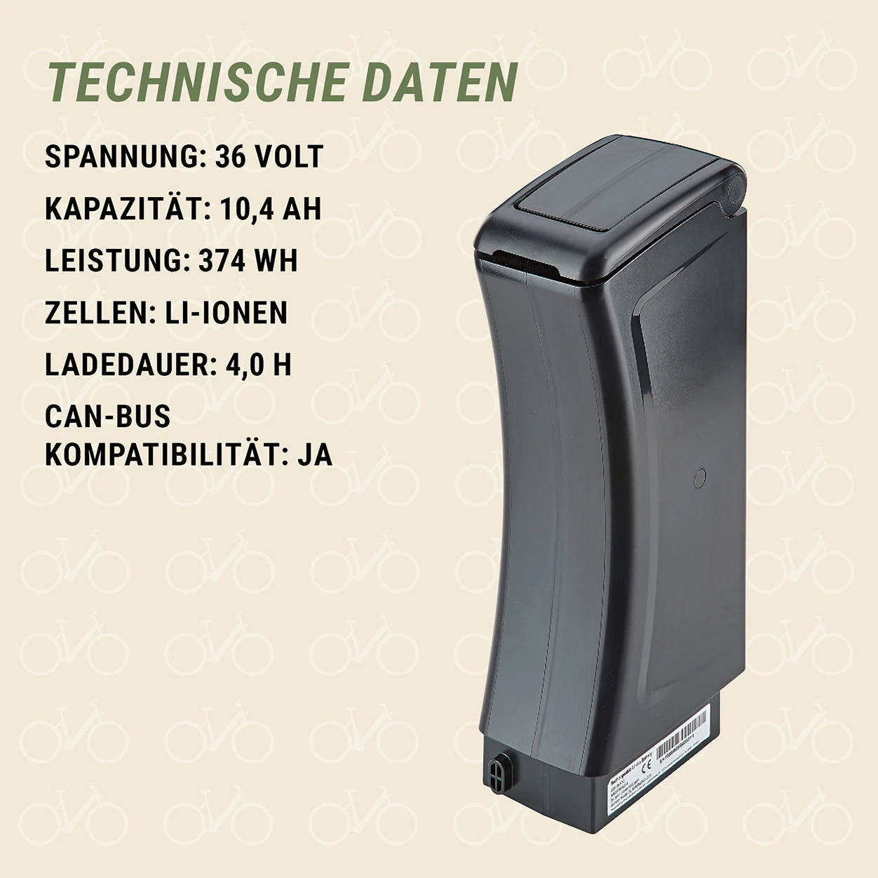 E-Bike Akku technische Daten 10,4 Ah - diagonale Ansicht