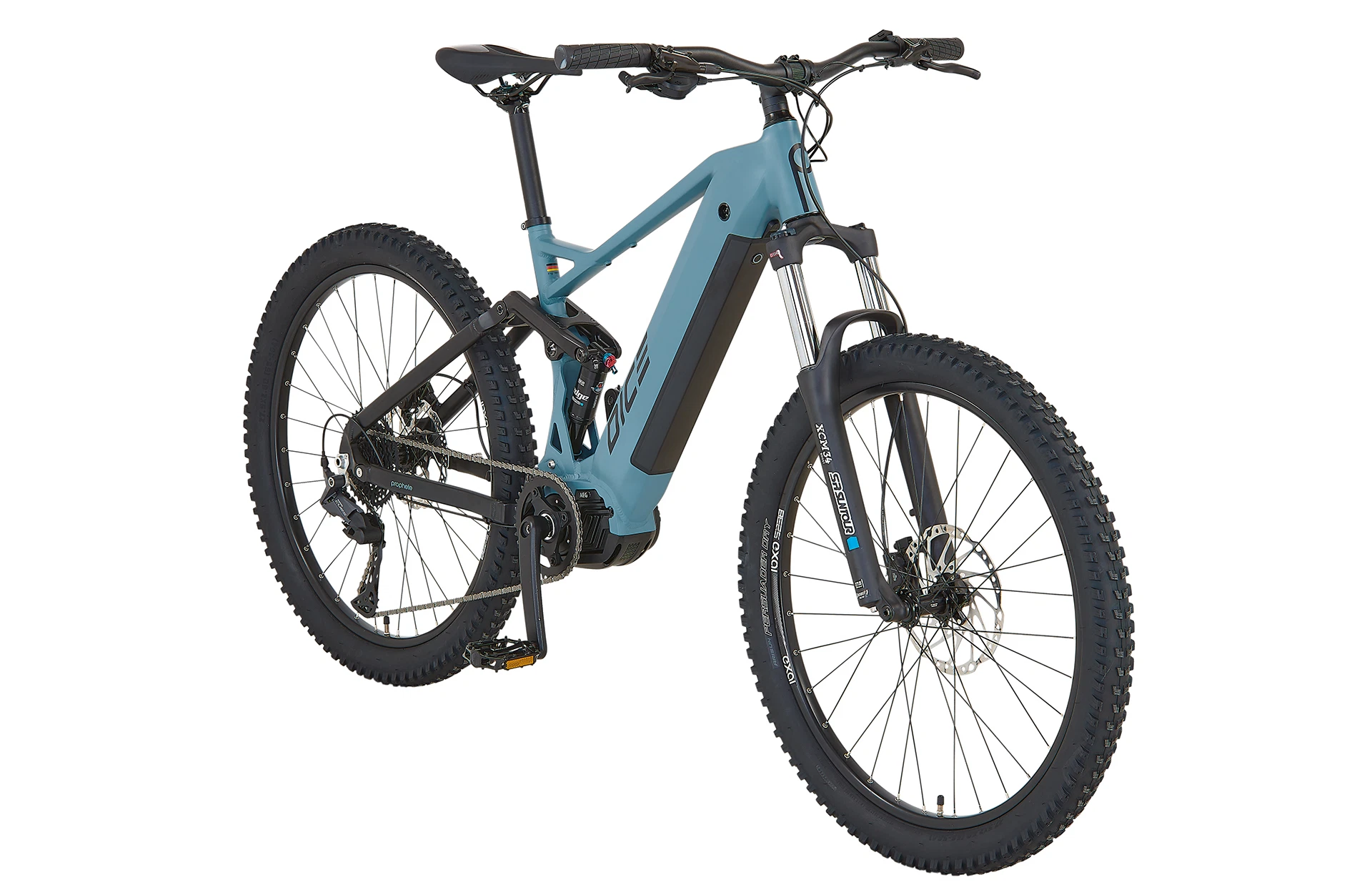 Vollansicht diagonal Prophete Fully E-MTB DICE vor weißem Hintergrund