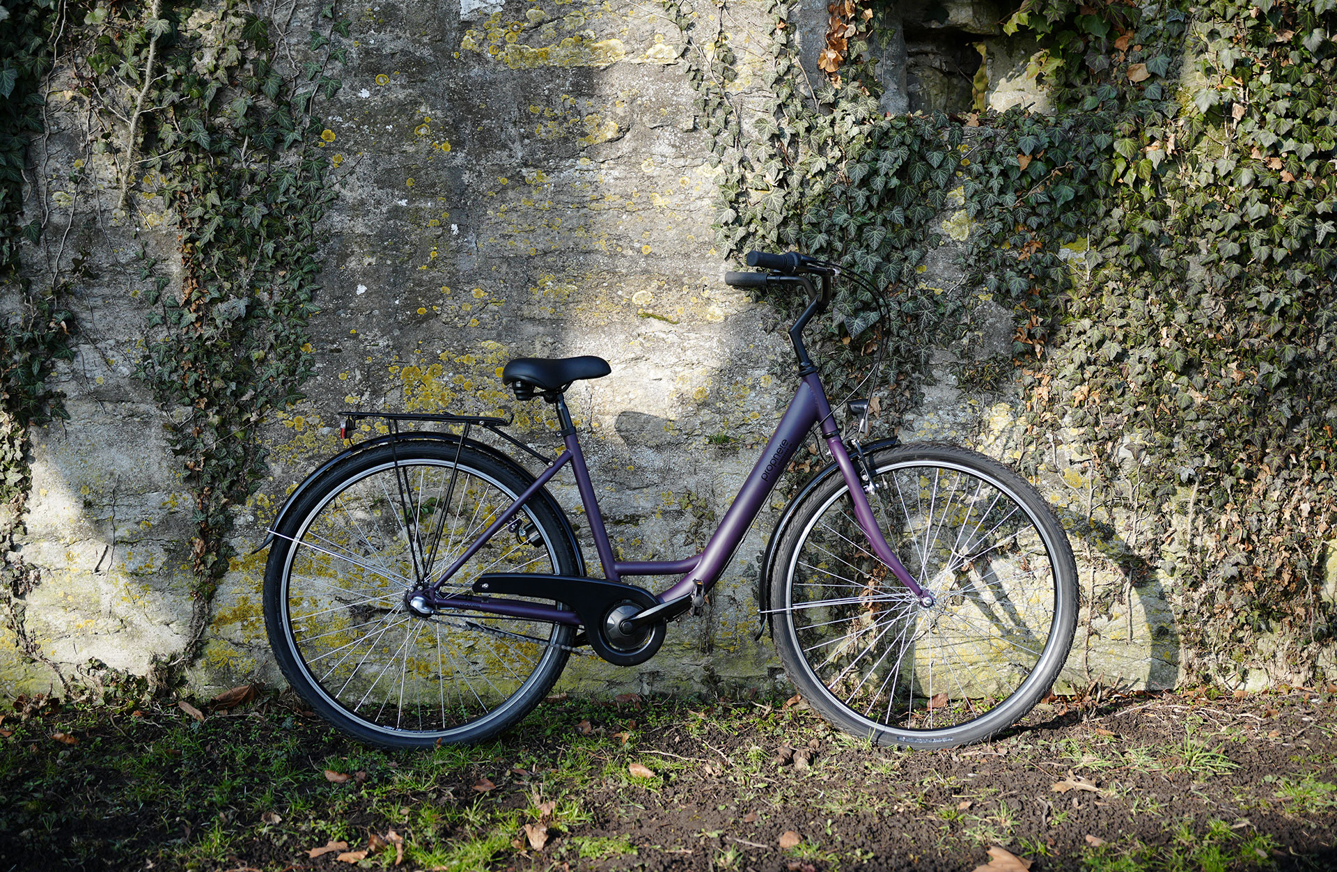 Cityrad lila - an Mauer lehnend im Freien