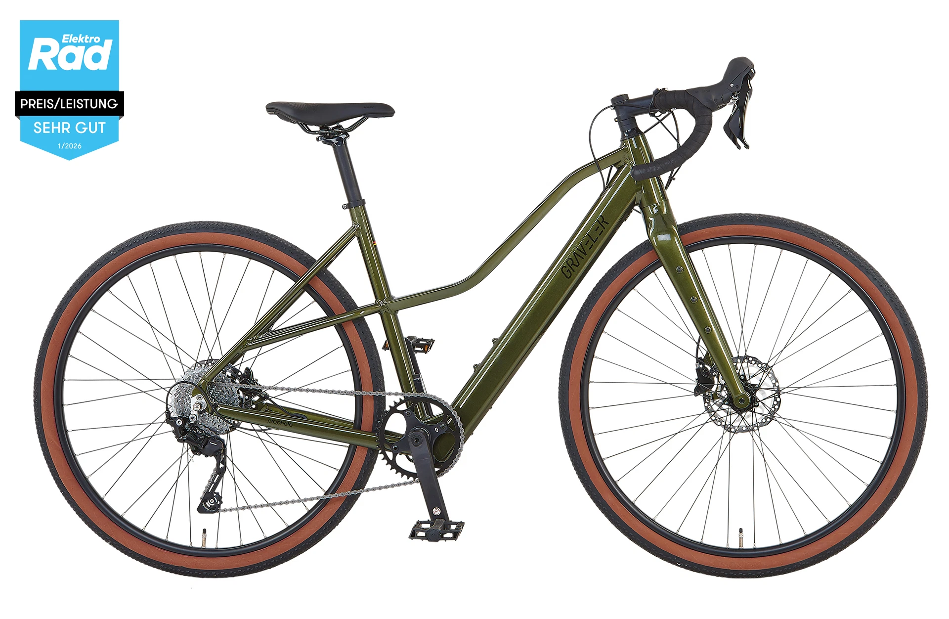 Vollansicht seitlich Prophete Graveler E-Gravelbike mit Trapezrahmen mit vollintegriertem Akku und Gravellenker vor weißem Hintergrund