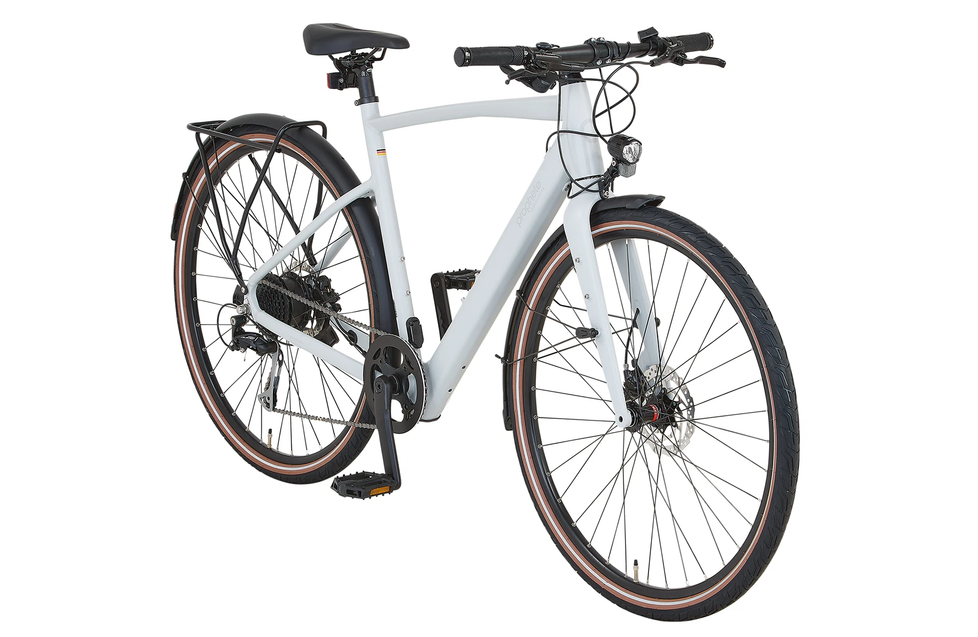 Vollansicht diagonal Prophete Urbanicer E-Bike mit Diamantrahmen vor natürlichem Hintergrund