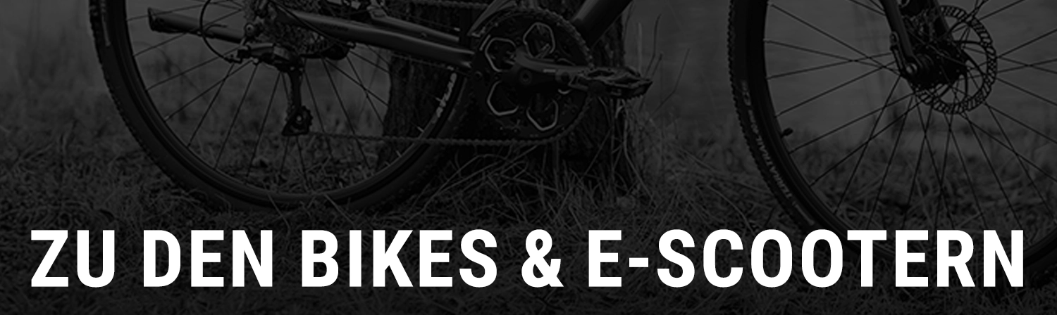 E-Bike im Hintergrund, im Vordergrund steht der Text ‚Zu den Bikes & E-Scootern‘.