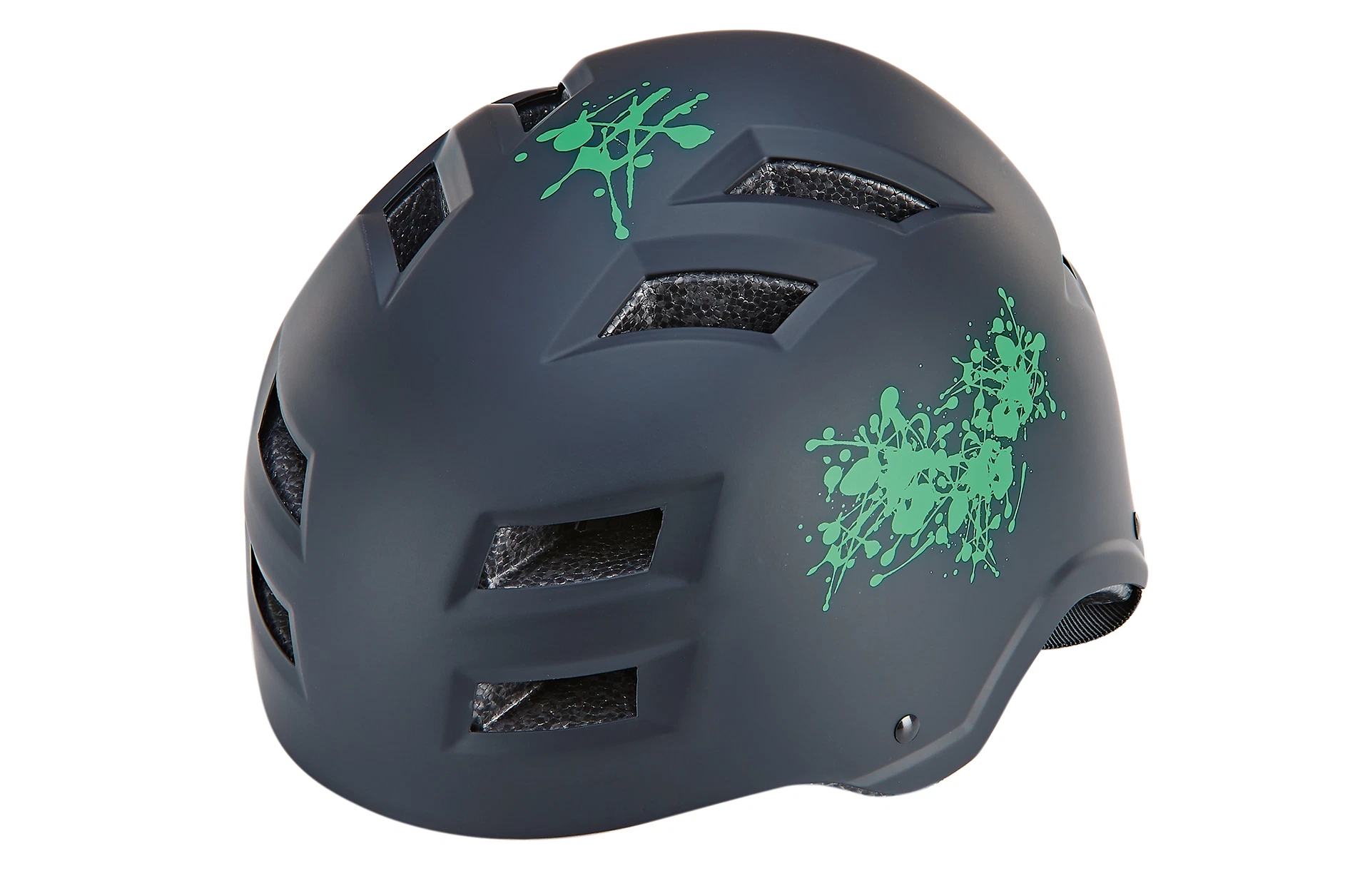 Fahrradhelm schwarz/grün - diagonale Ansicht auf weißem Grund