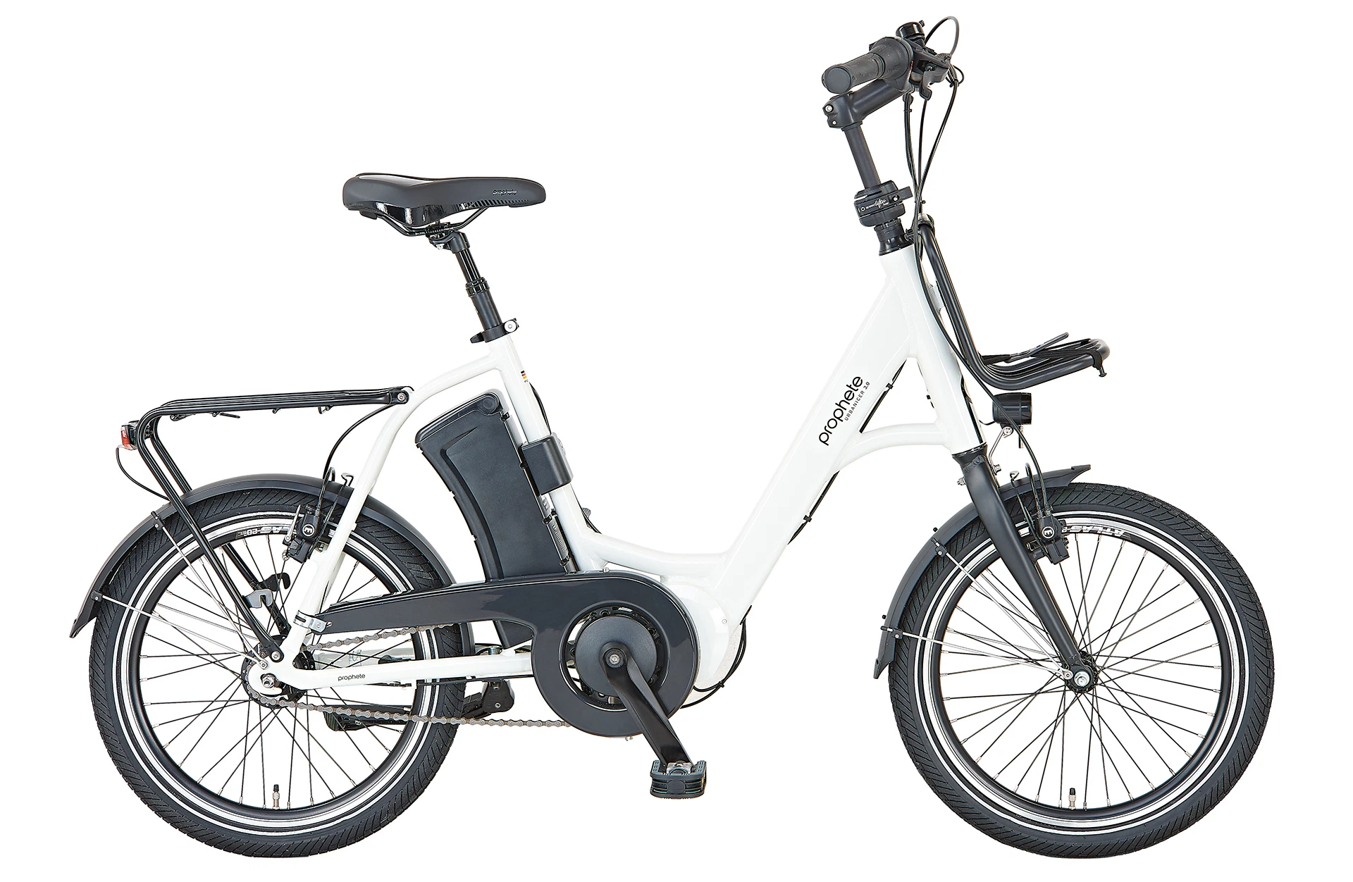 Vollansicht seitlich Prophete Urbanicer 3.0 kompaktes Urban E-Bike vor weißem Hintergrund