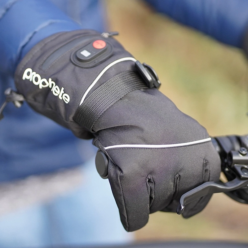 Handschuhe mit Prophete Logo am Lenker mit Bremshebel und unscharfem Hintergrund