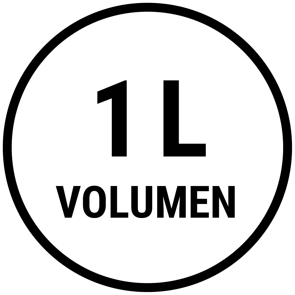 Icon Volumen 1L in schwarzem Kreis auf weißem Grund
