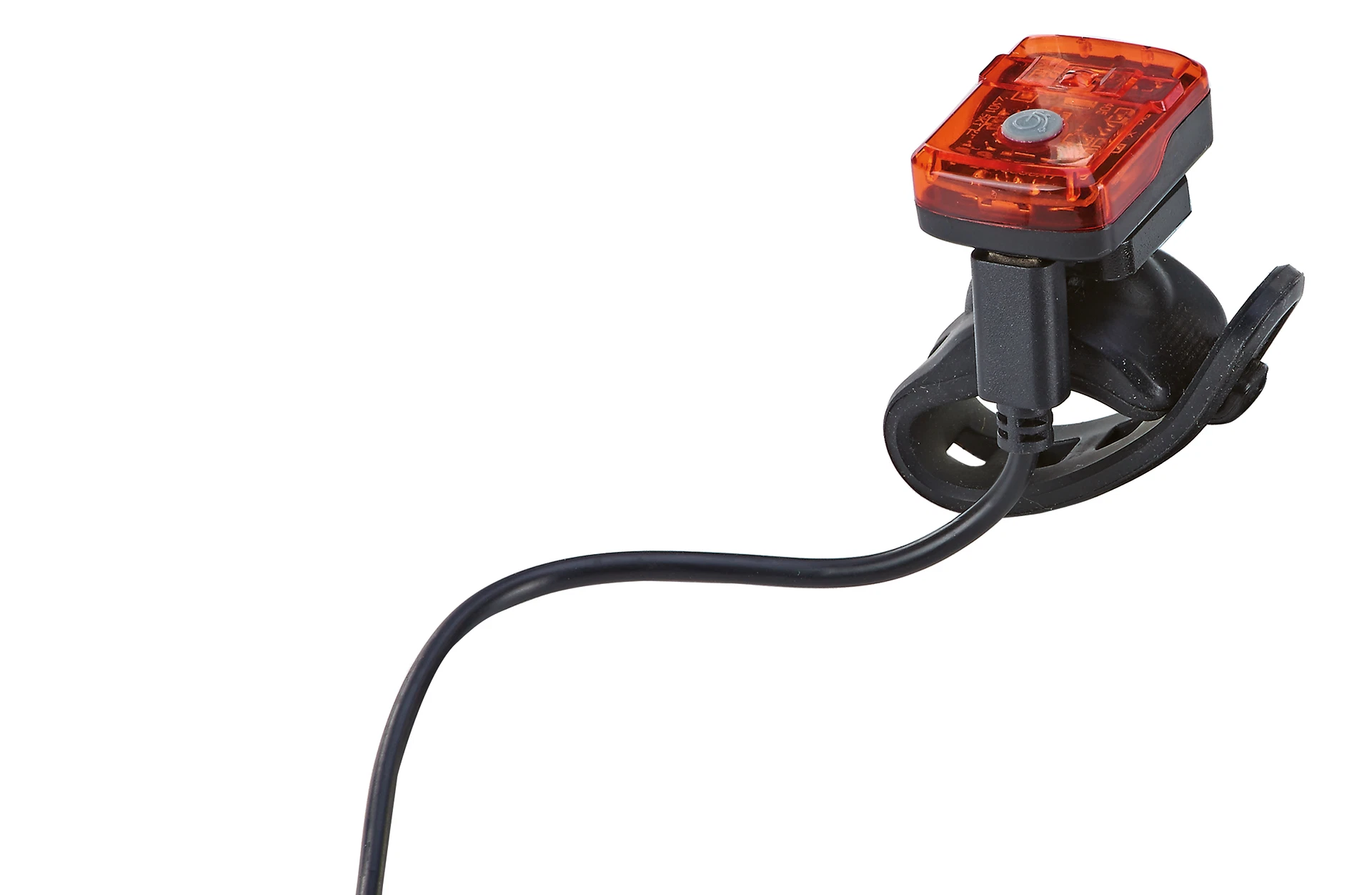 Rücklicht mit Kabel am USB Anschluss . Ansicht von hinten auf weißem Grund