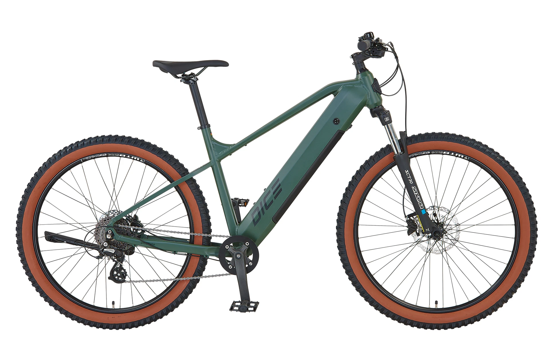 Vollständiges Prophete DICE E-MTB Seitenansicht mit integriertem Akku, Federgabel, Shimano ALTUS Kettenschaltung und breiten Reifen mit brauner seitenwand