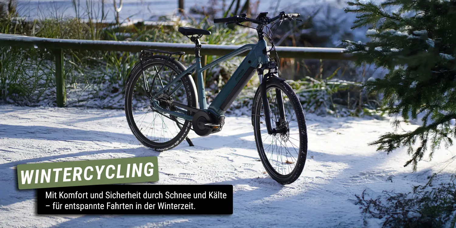 Wintercycling - Prophete Geniesser 6.0 E-Bike auf verschneitem Weg, mit Gepäckträger und integriertem Akku.