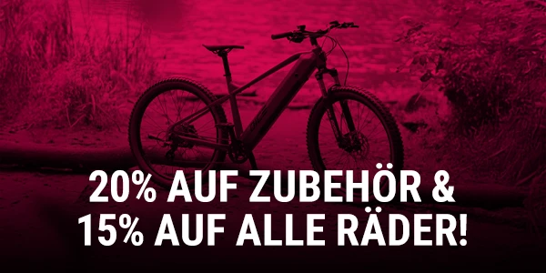 Mountainbike E-Bike im Hintergrund, im Vordergrund Text: 20 % Rabatt auf Zubehör und 15 % auf alle Räder.