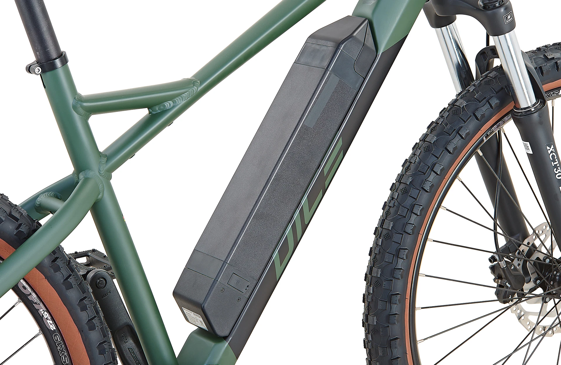 Detailansicht des leistungsstarken Akkus am Prophete E-MTB. Der Rahmenakku ist optimal integriert und sorgt für hohe Reichweite und ausgewogene