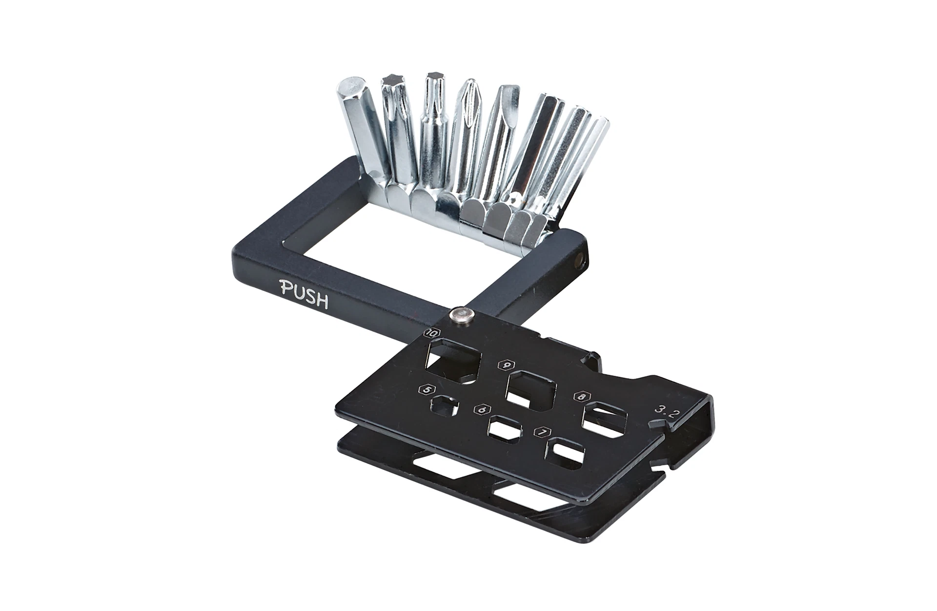 Multitool schwarz liegend mit ausgeklappten Bits - diagonale Ansicht auf weißem Grund