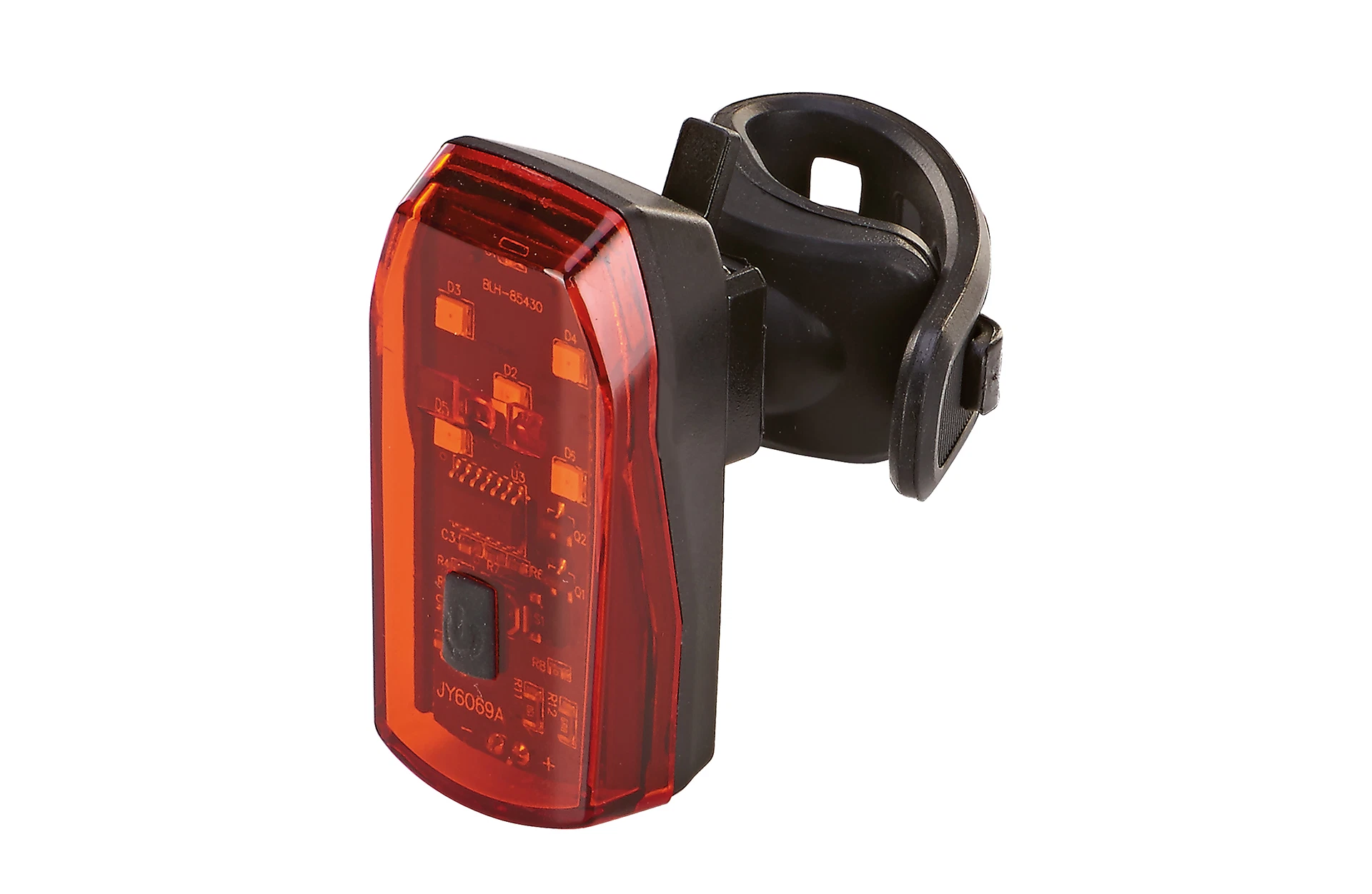 Rücklicht rot mit Befestigung auf weißem Grund - diagonale Ansicht