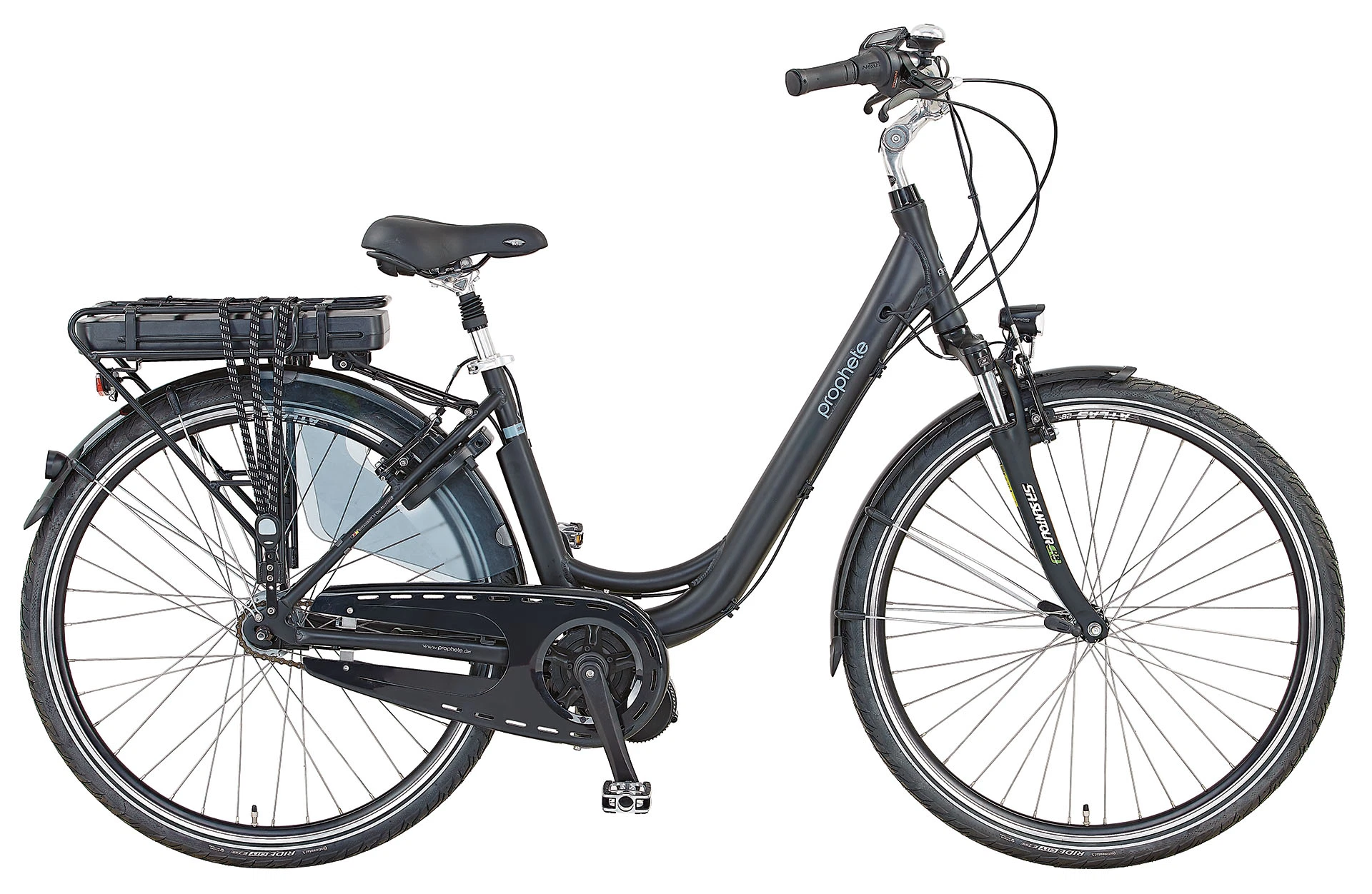 Vollansicht seitlich Prophete Geniesser City E-Bike mit tiefem Einstieg vor weißem Hintergrund