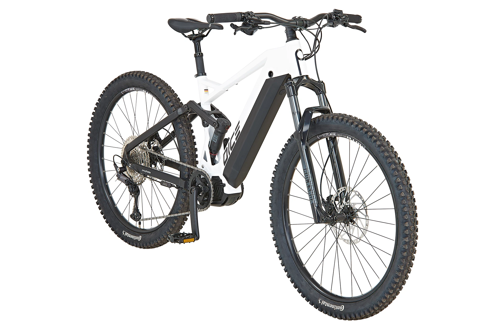 Diagonale Vollansicht des vollgefederten Prophete DICE 5.0 E-MTB vor weißem Hintergrund