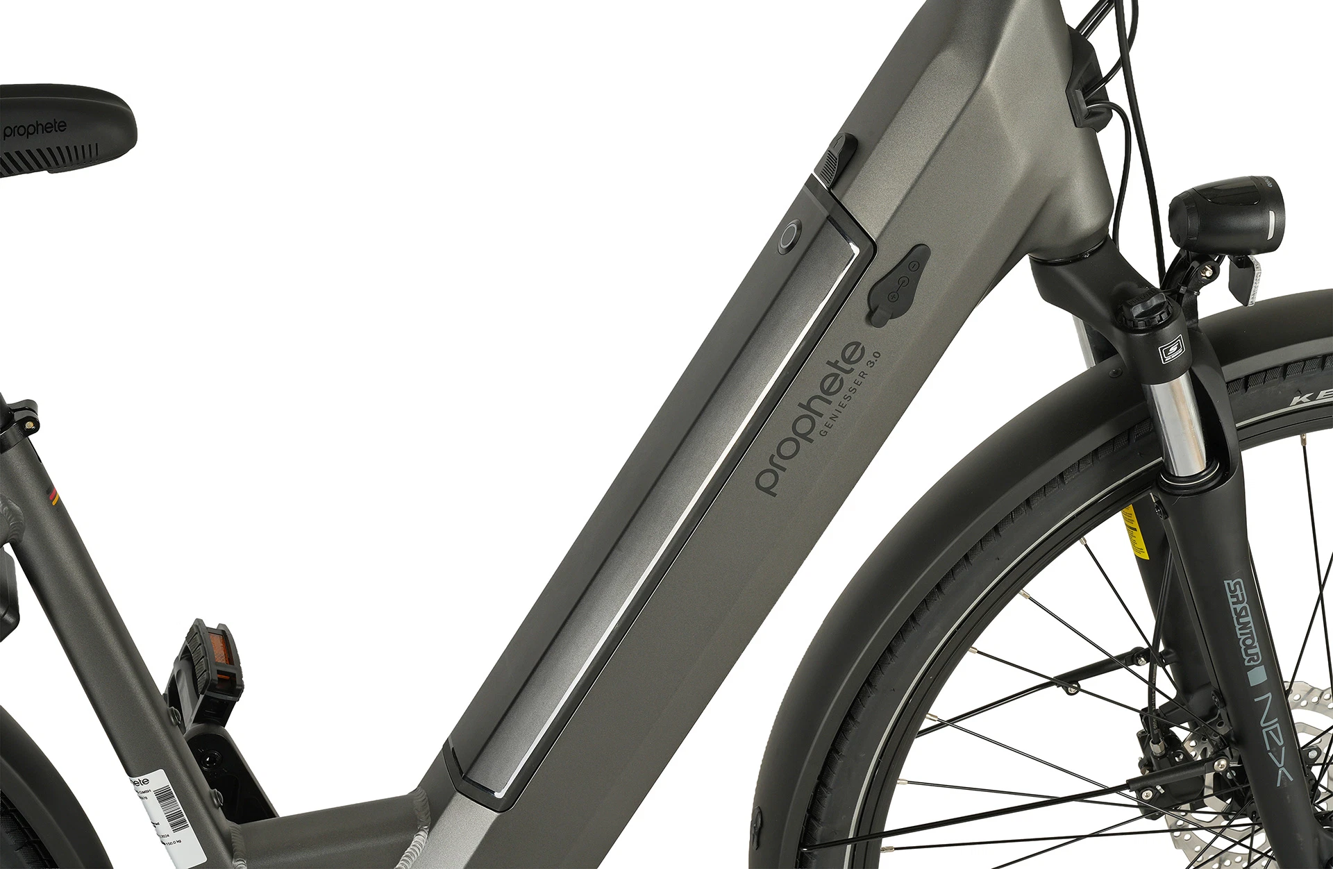 Geniesser 3.0 grau City E-Bike - Detailansicht Akku auf weißem Grund